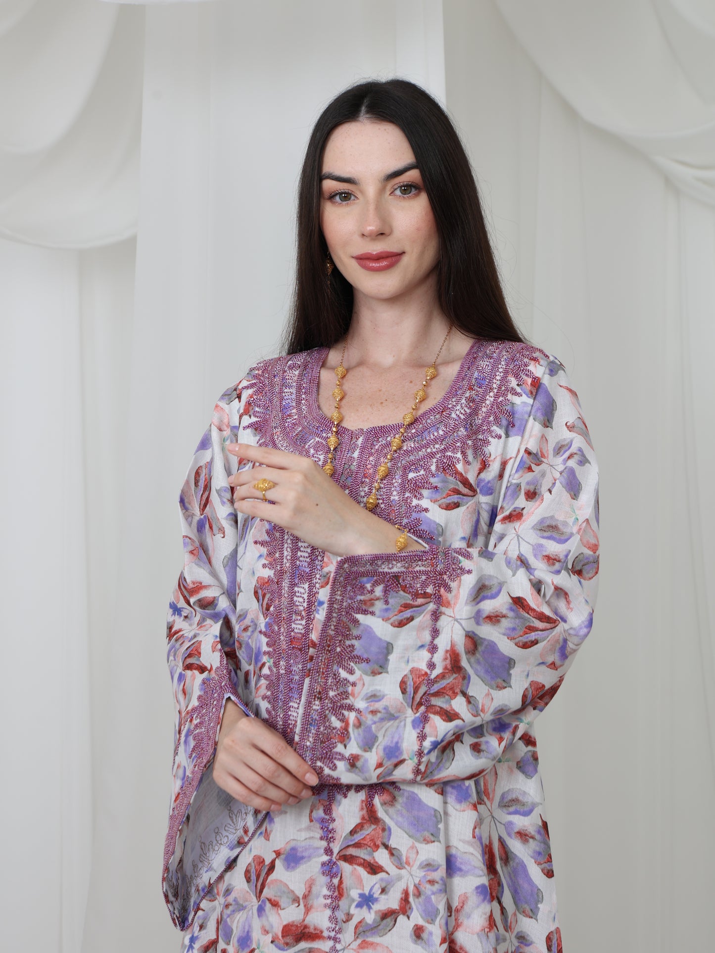 Lavender Leaf-Pattern Kaftan