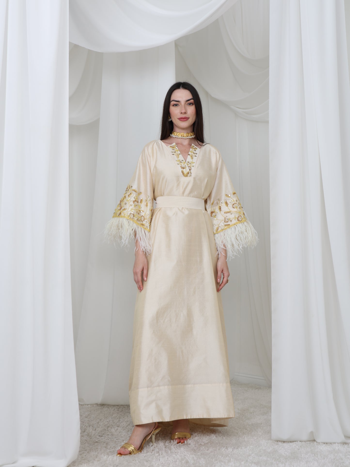 Cream Satin Dress with Embellished Feather Sleeves