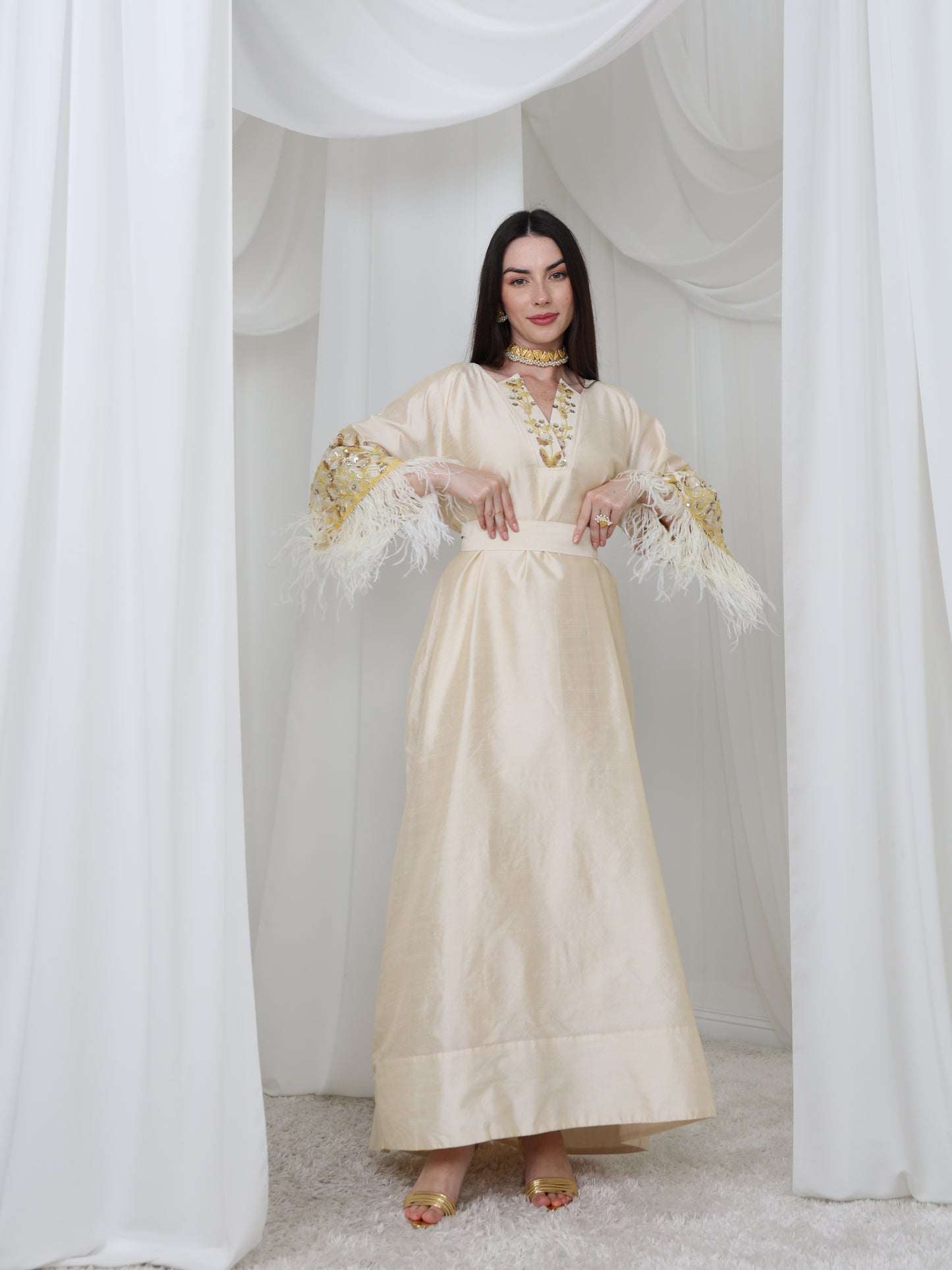 Cream Satin Dress with Embellished Feather Sleeves
