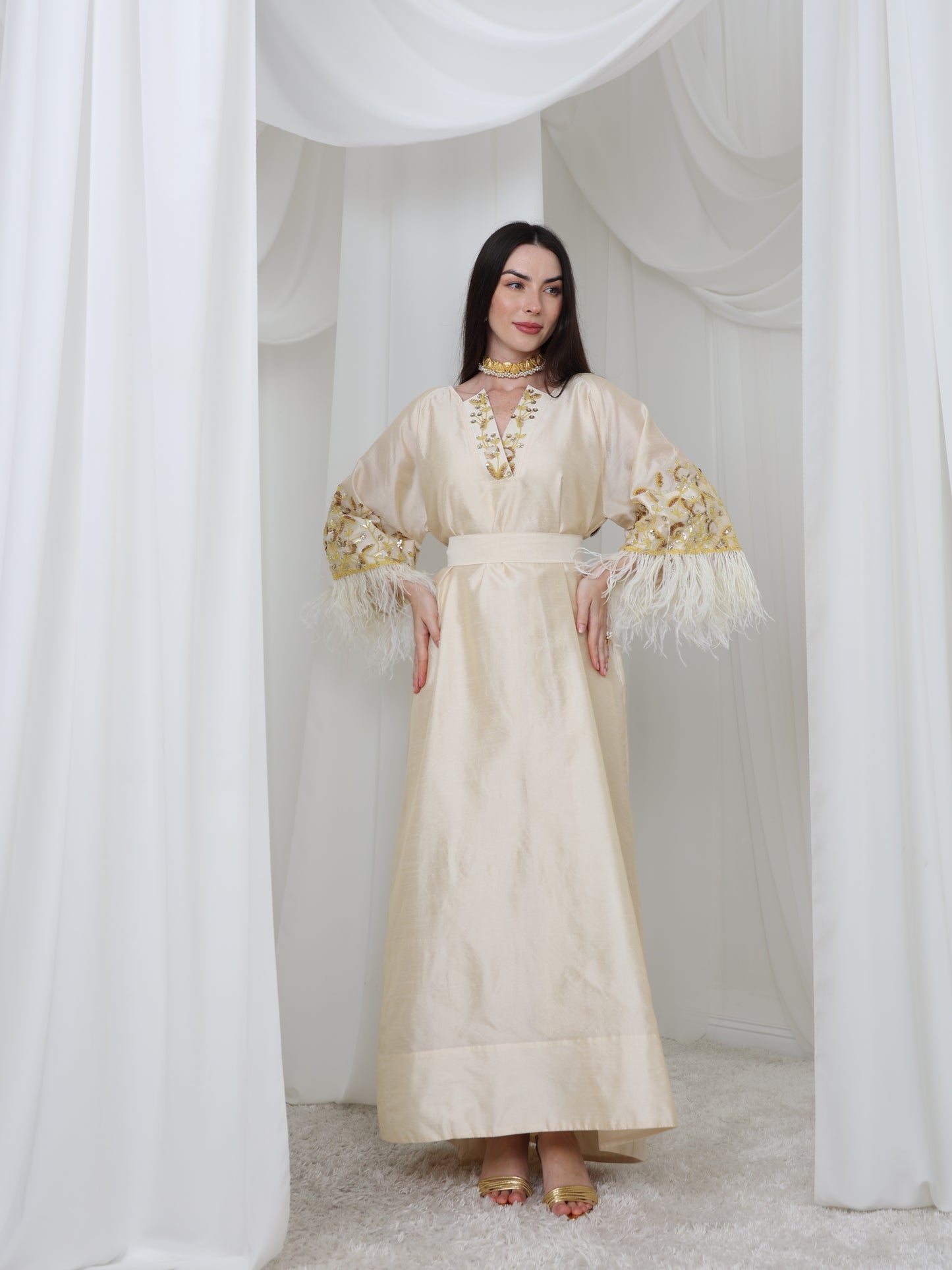 Cream Satin Dress with Embellished Feather Sleeves