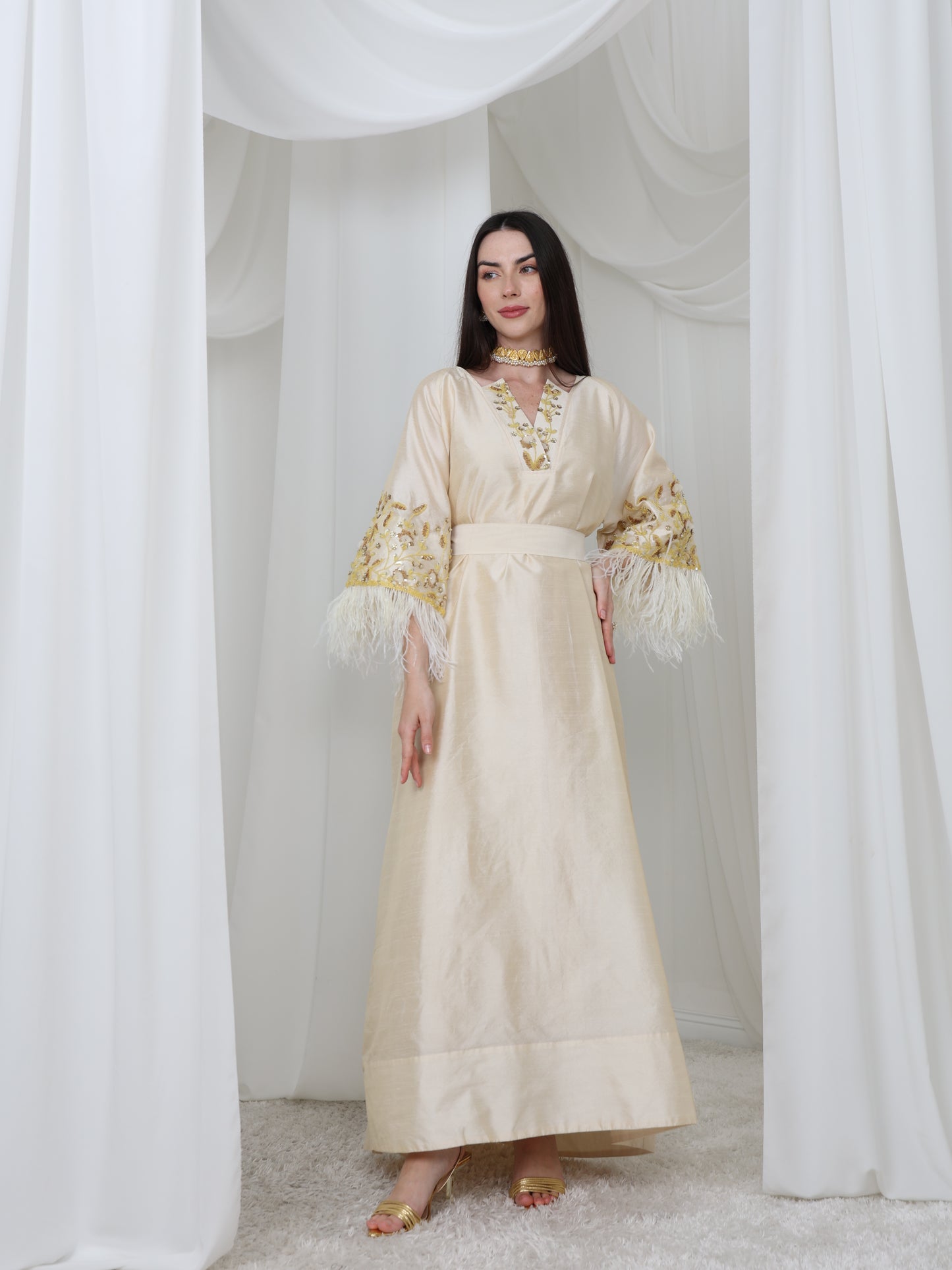 Cream Satin Dress with Embellished Feather Sleeves