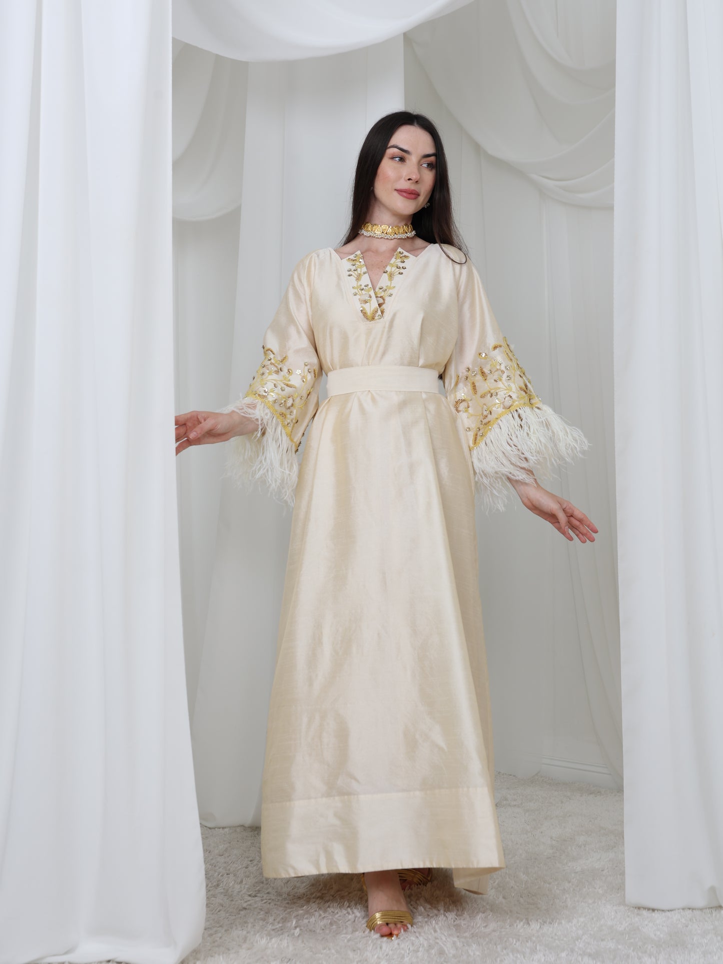 Cream Satin Dress with Embellished Feather Sleeves