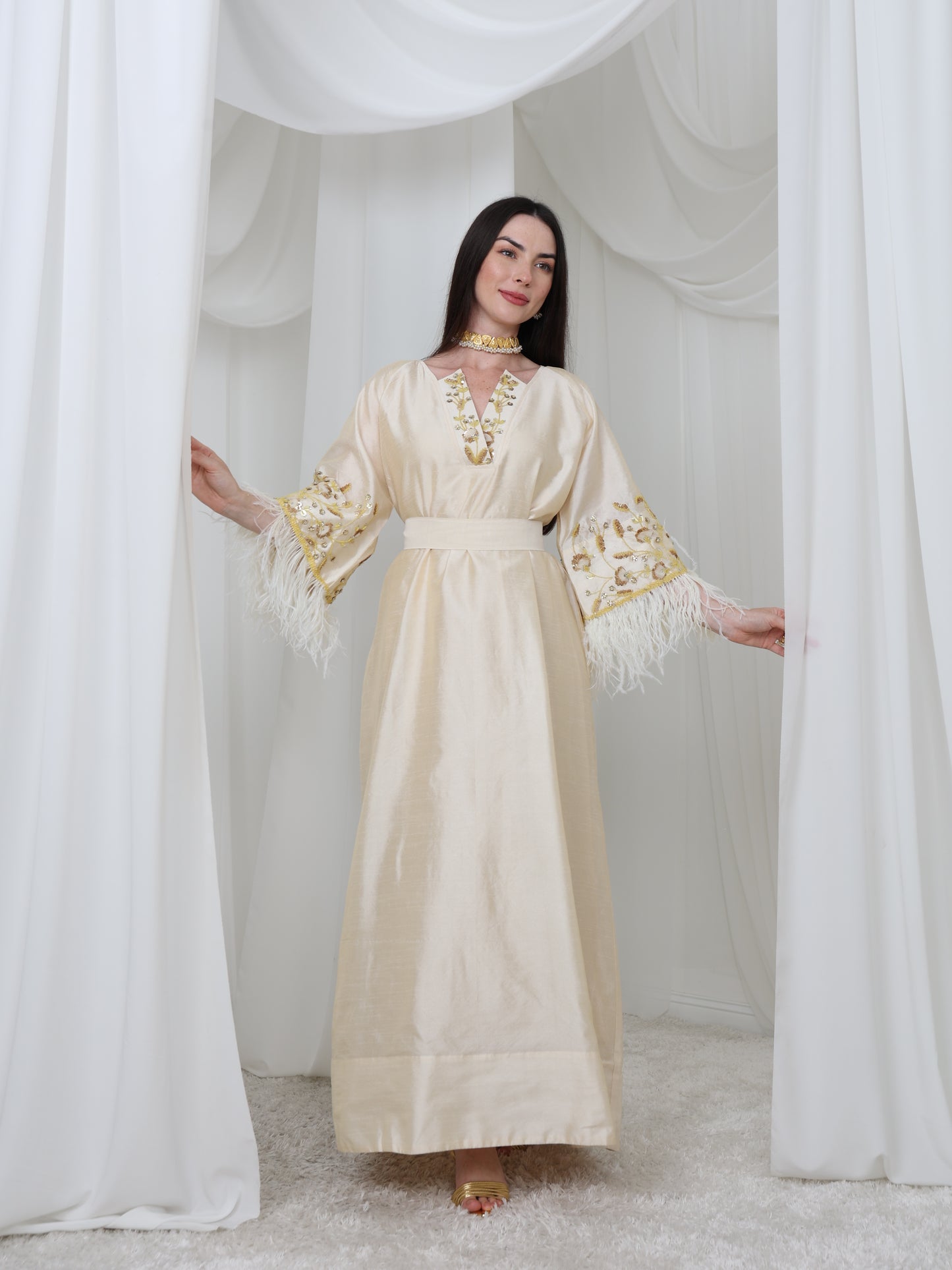 Cream Satin Dress with Embellished Feather Sleeves