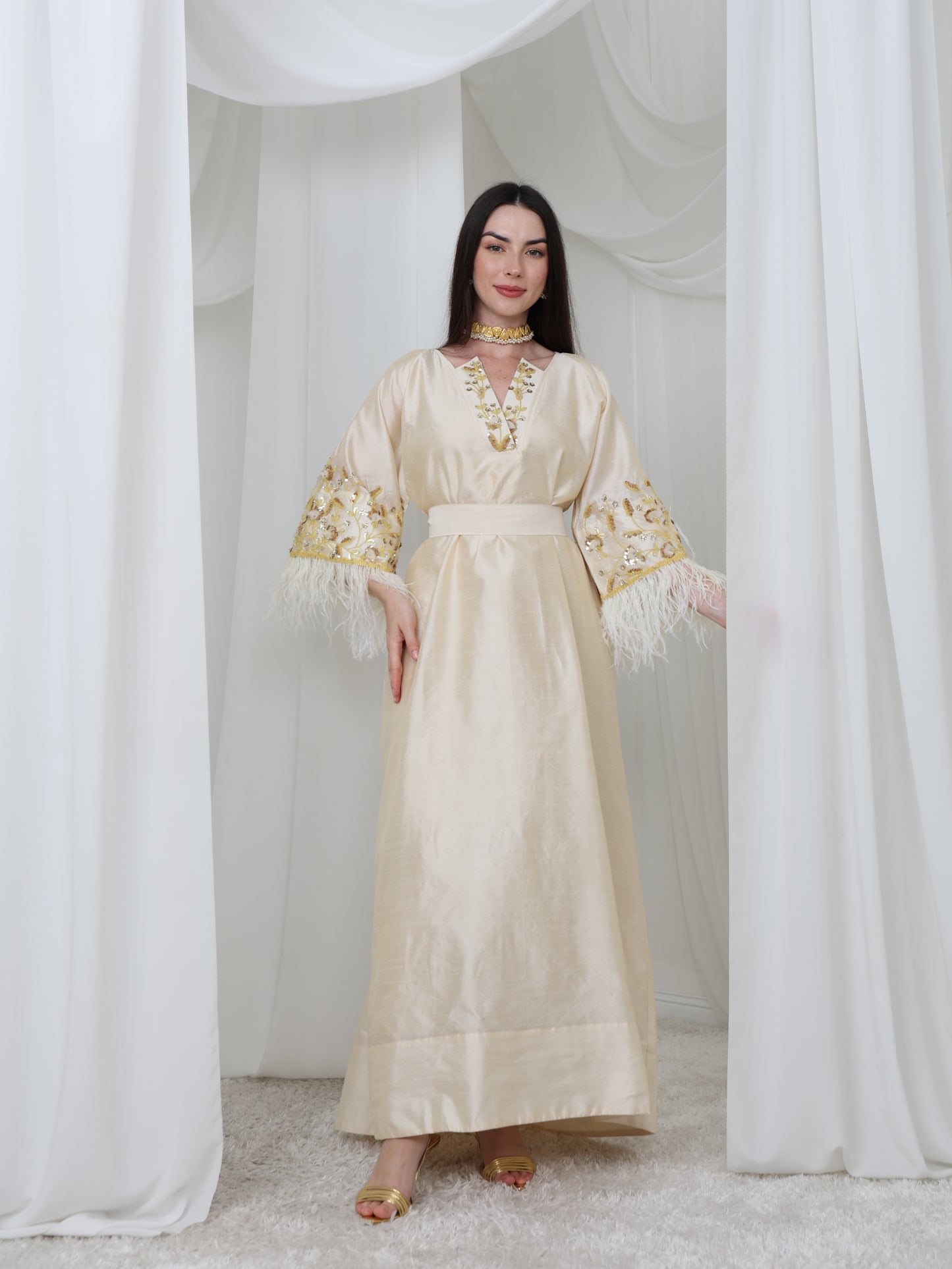 Cream Satin Dress with Embellished Feather Sleeves