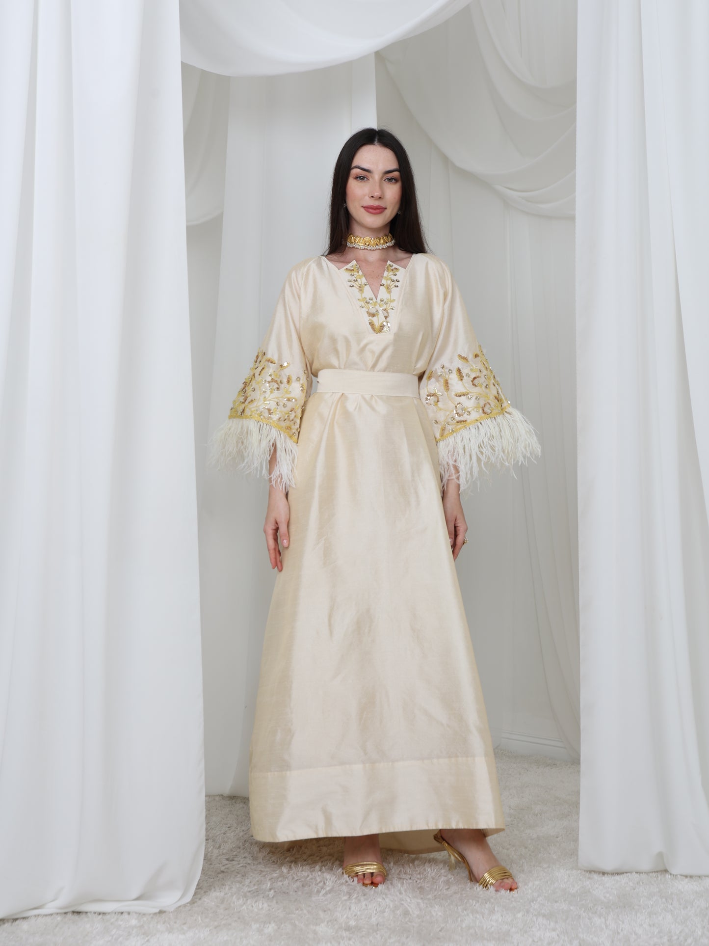 Cream Satin Dress with Embellished Feather Sleeves
