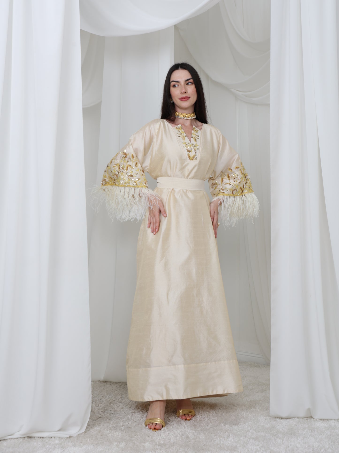 Cream Satin Dress with Embellished Feather Sleeves