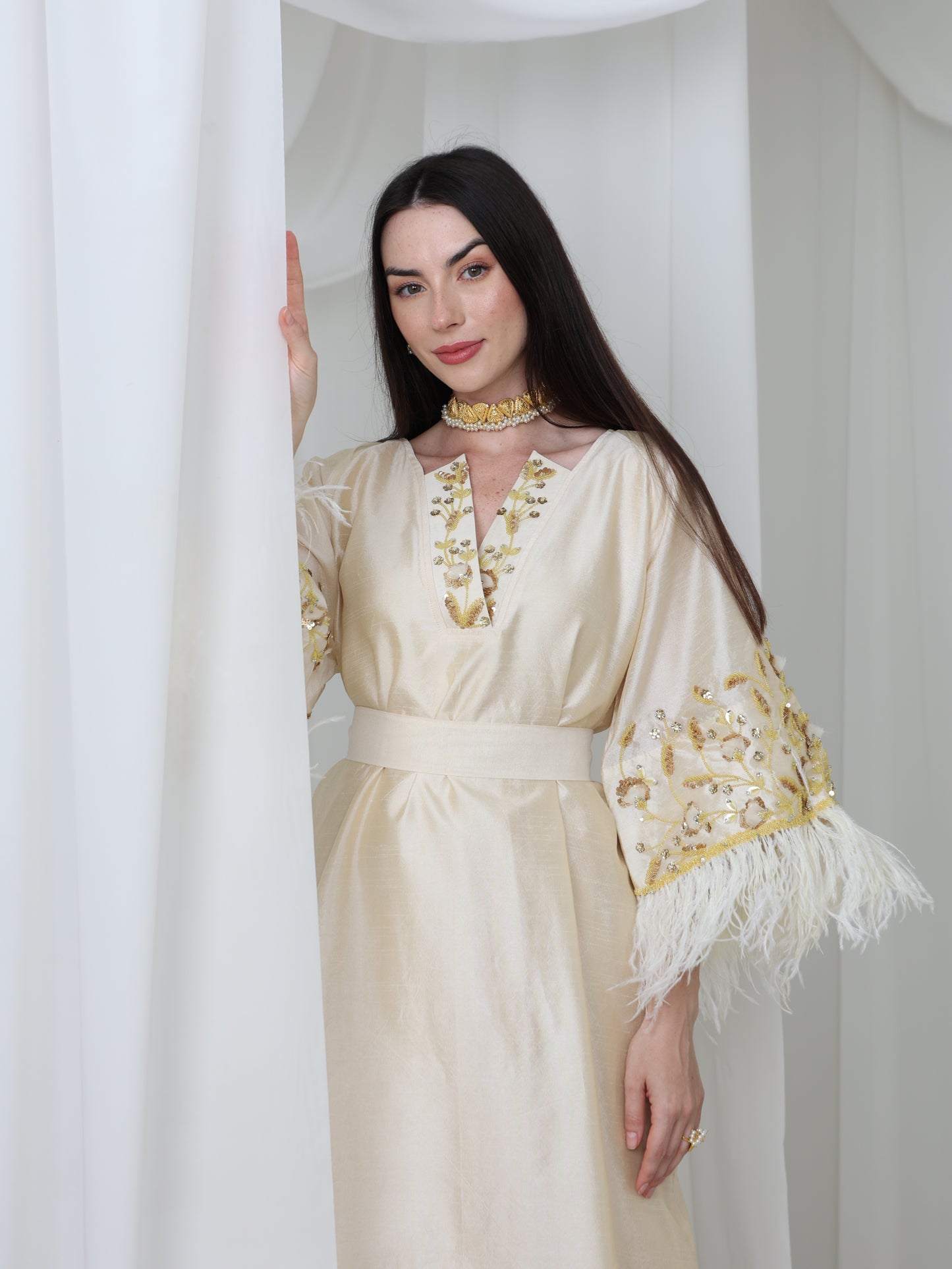 Cream Satin Dress with Embellished Feather Sleeves