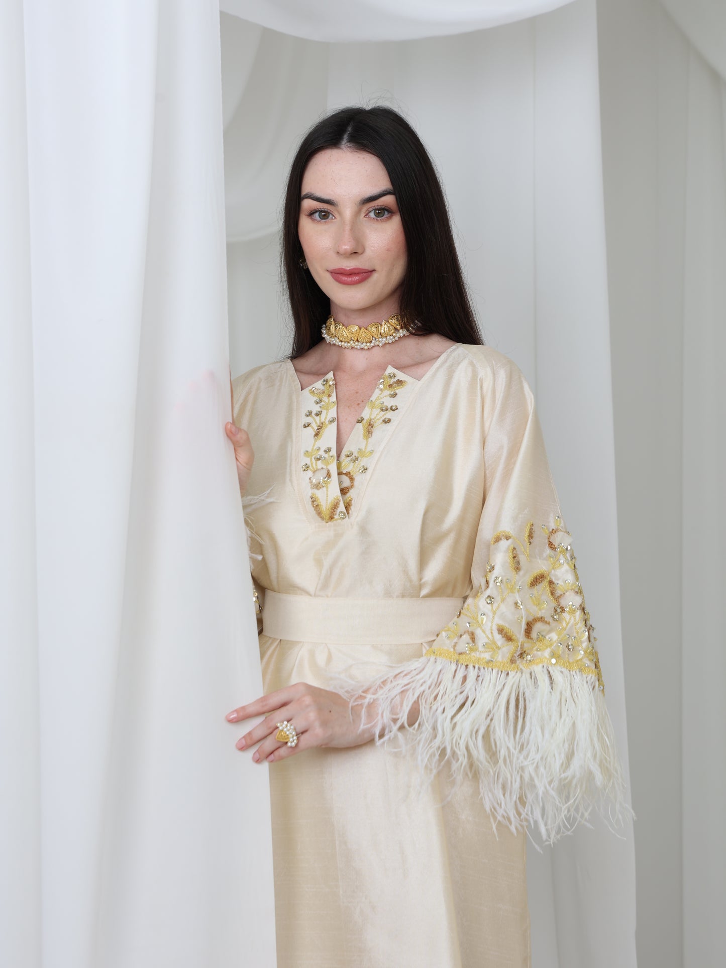 Cream Satin Dress with Embellished Feather Sleeves