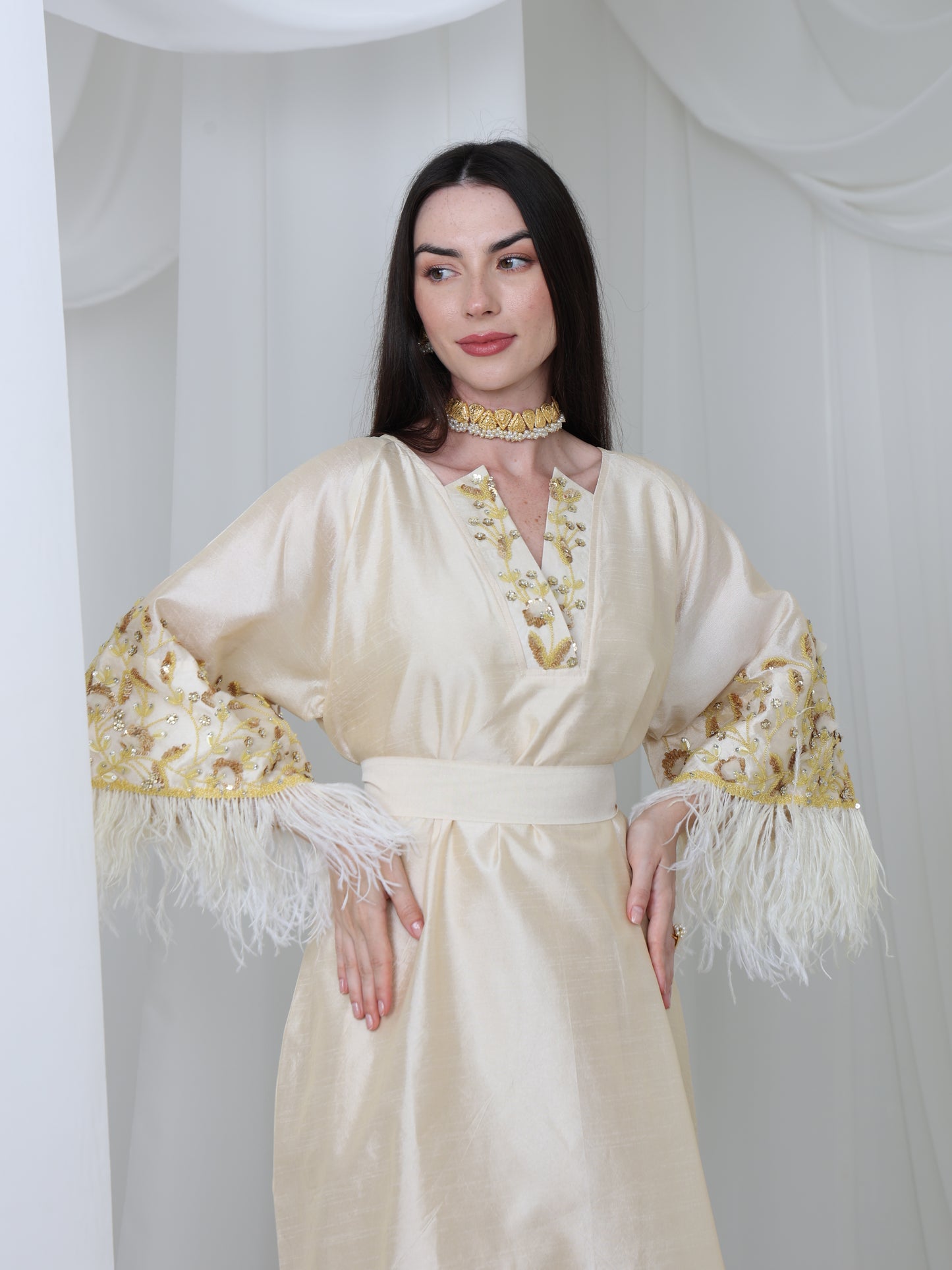 Cream Satin Dress with Embellished Feather Sleeves