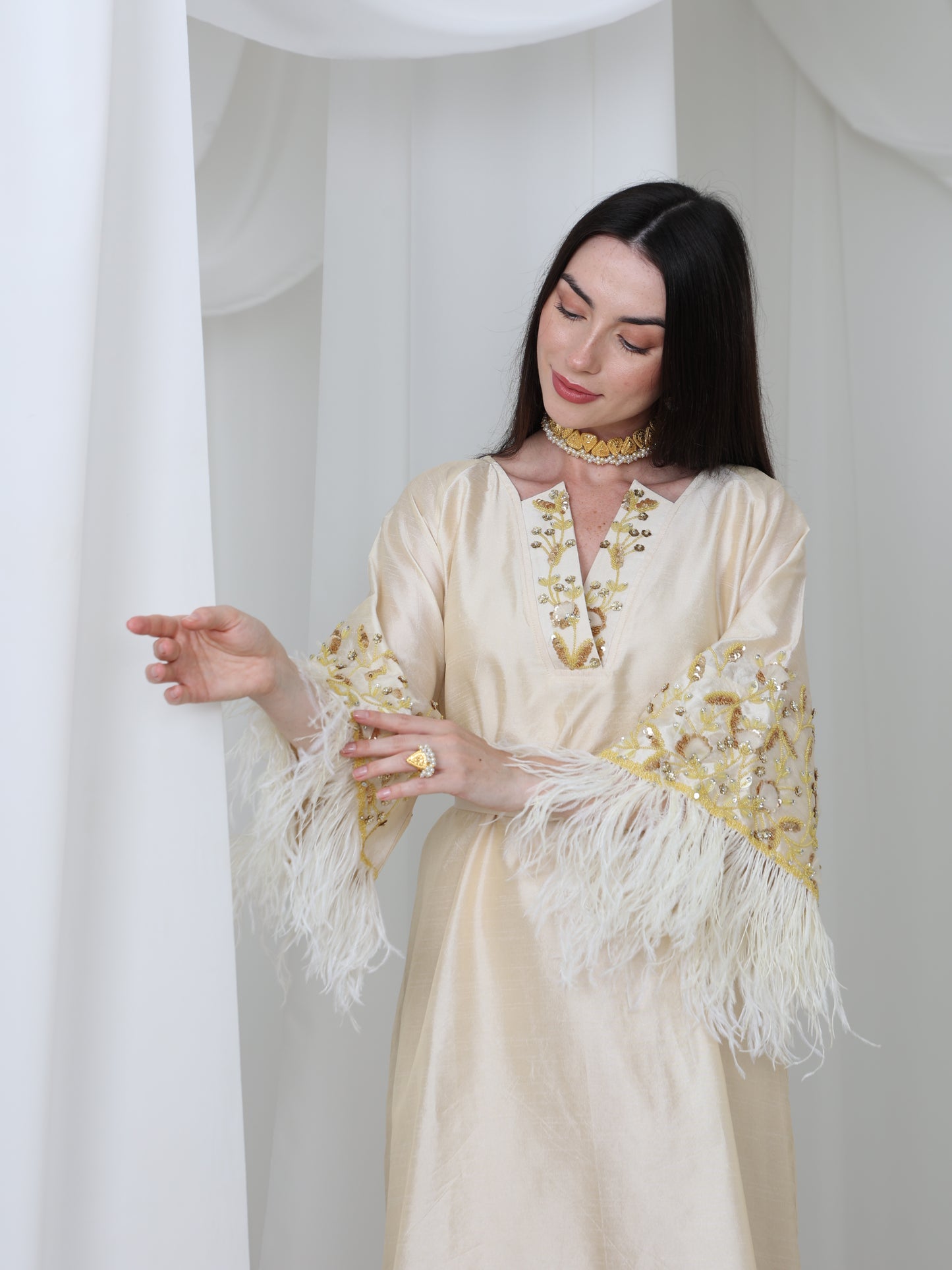 Cream Satin Dress with Embellished Feather Sleeves