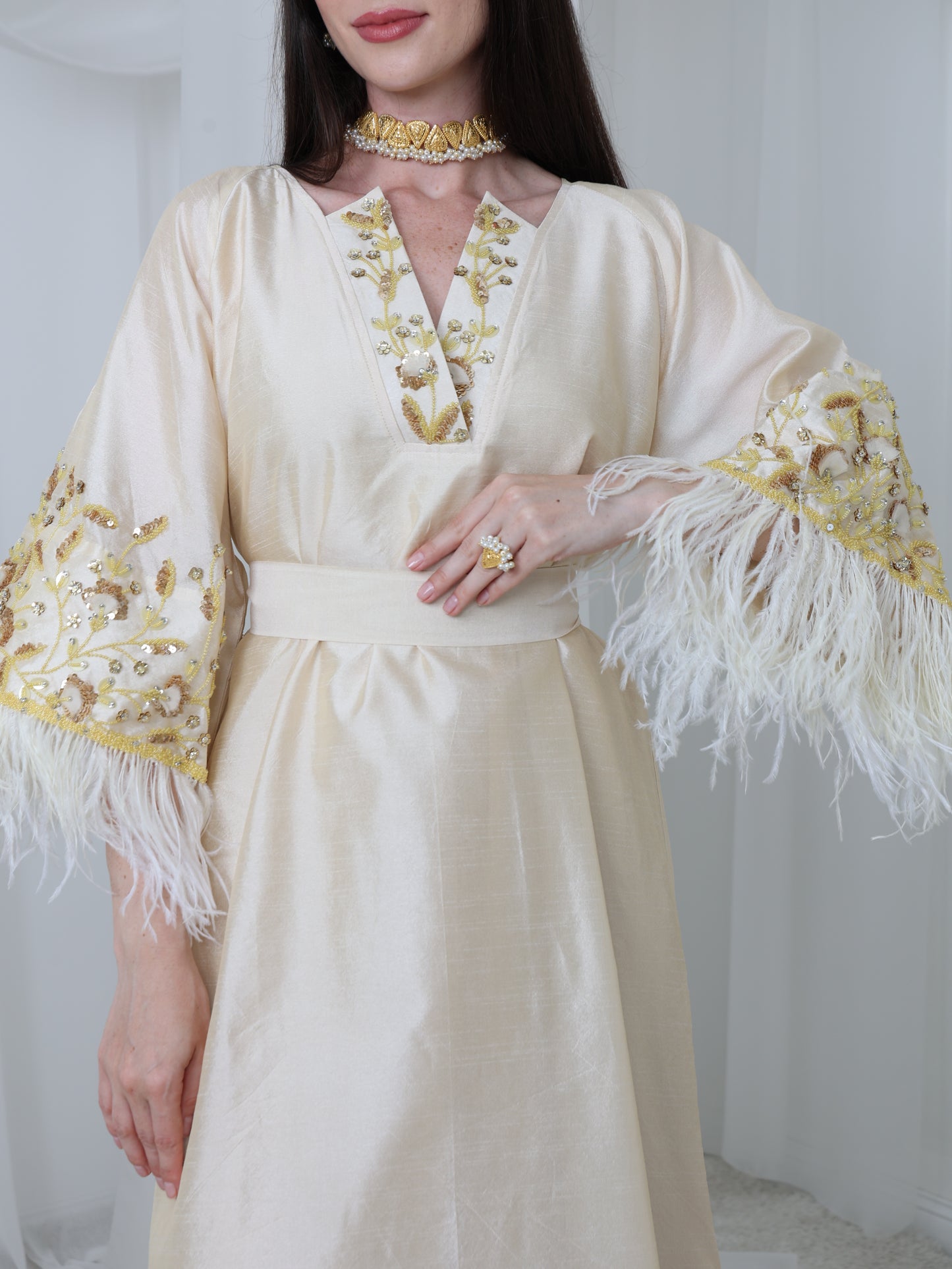 Cream Satin Dress with Embellished Feather Sleeves