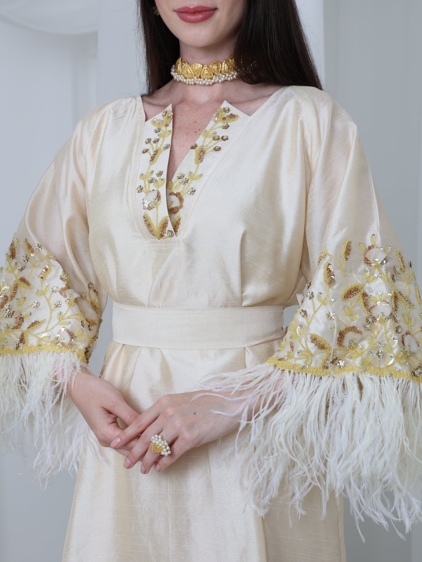 Cream Satin Dress with Embellished Feather Sleeves