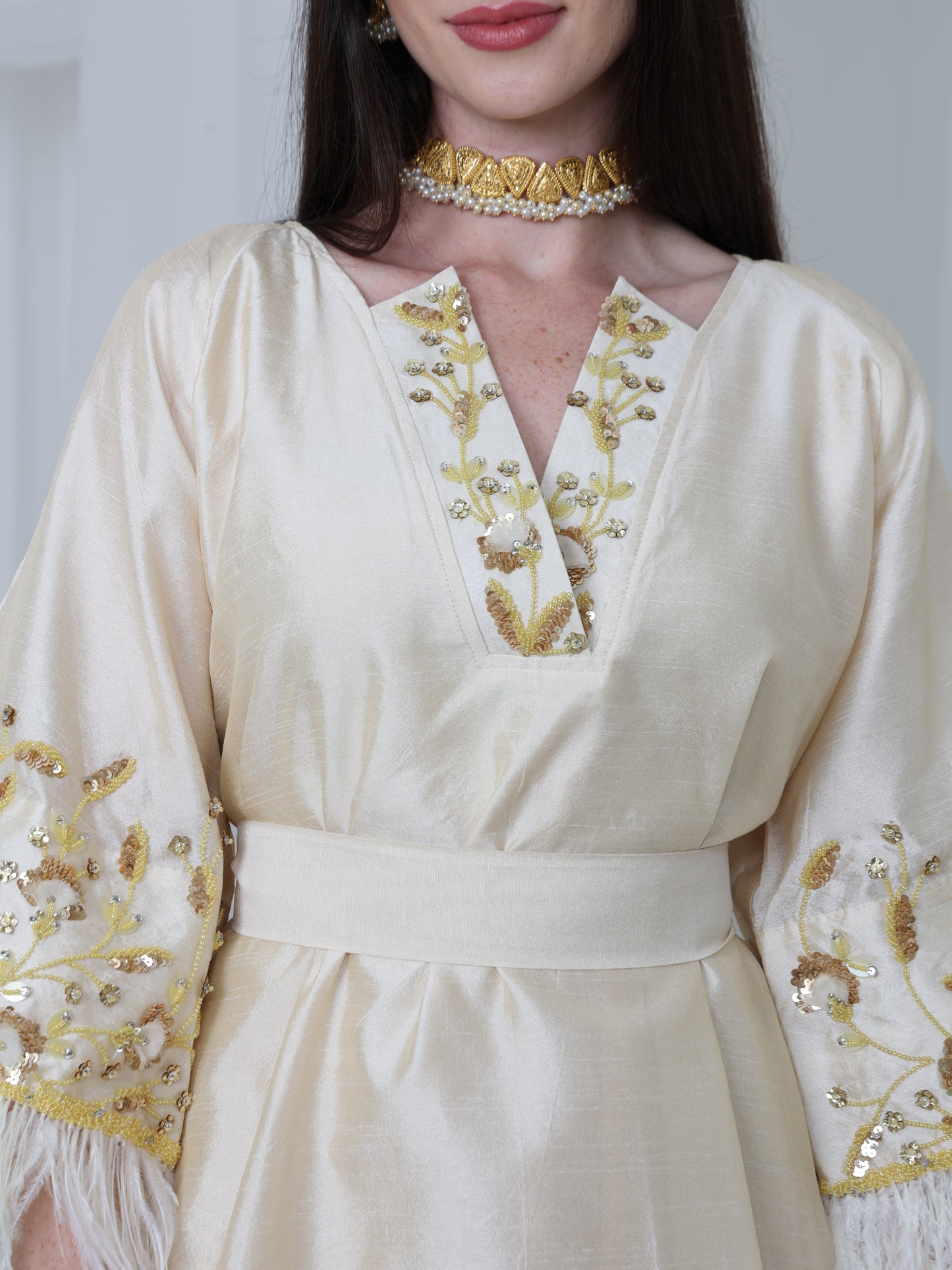 Cream Satin Dress with Embellished Feather Sleeves