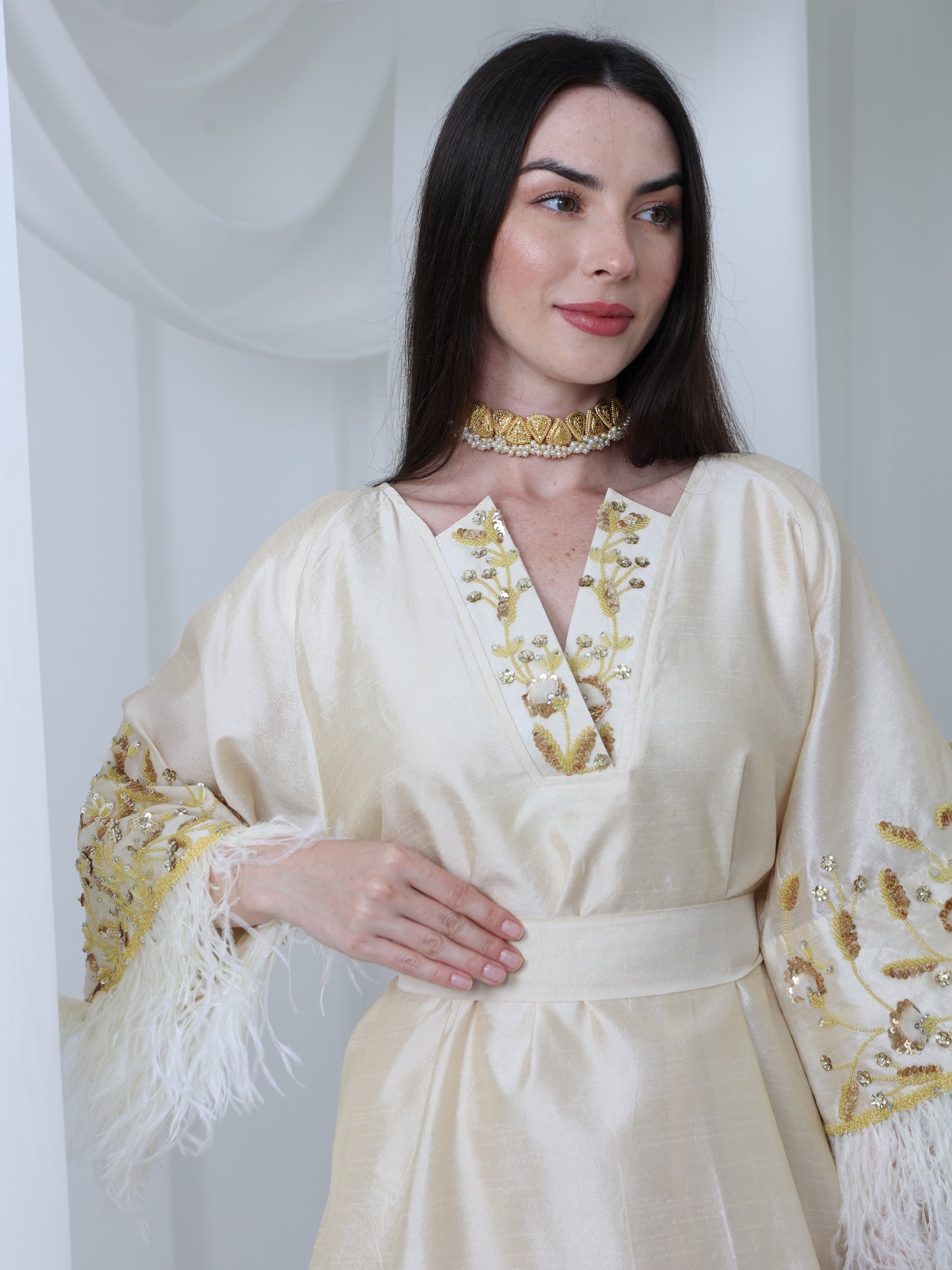 Cream Satin Dress with Embellished Feather Sleeves