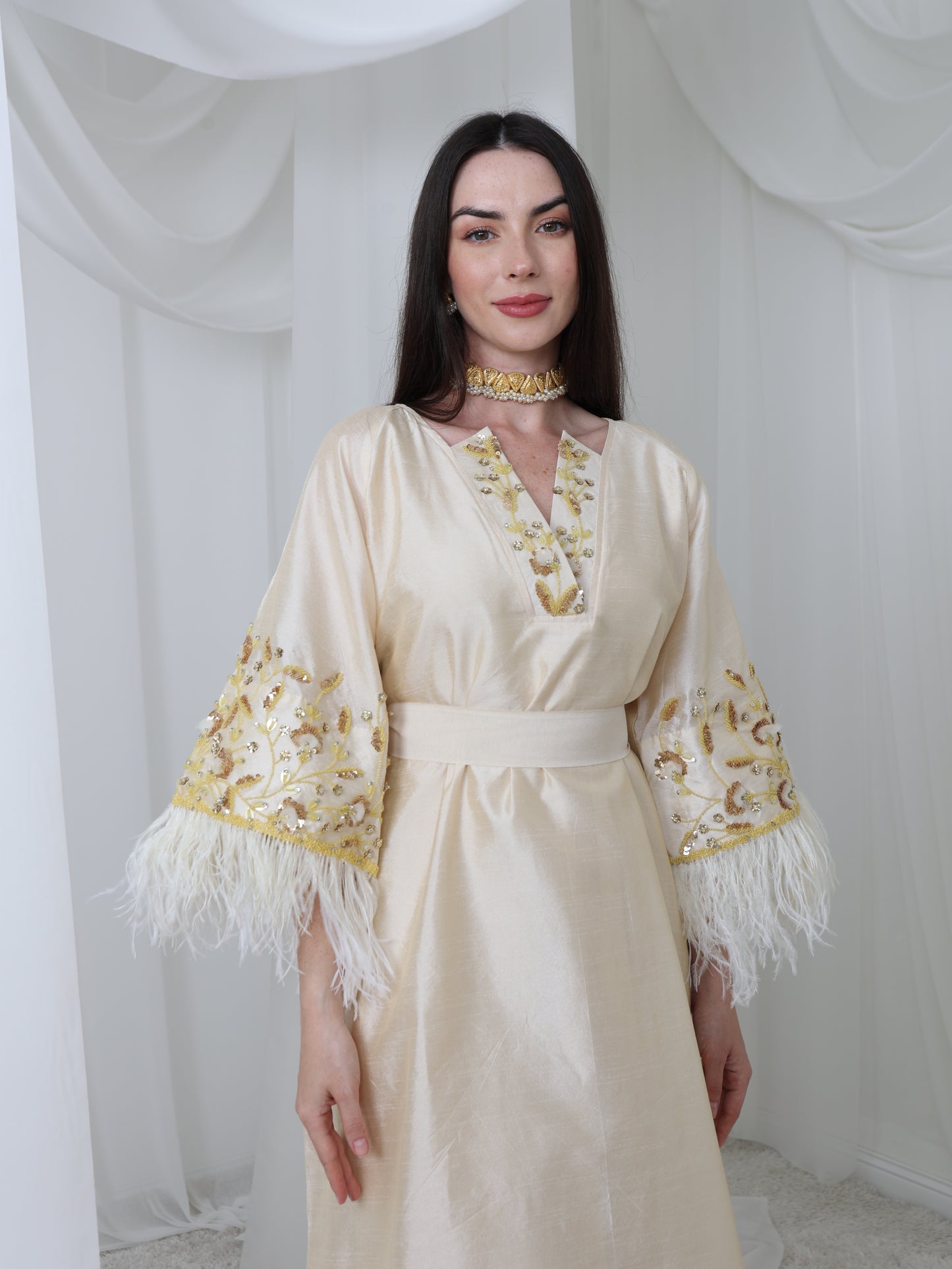Cream Satin Dress with Embellished Feather Sleeves