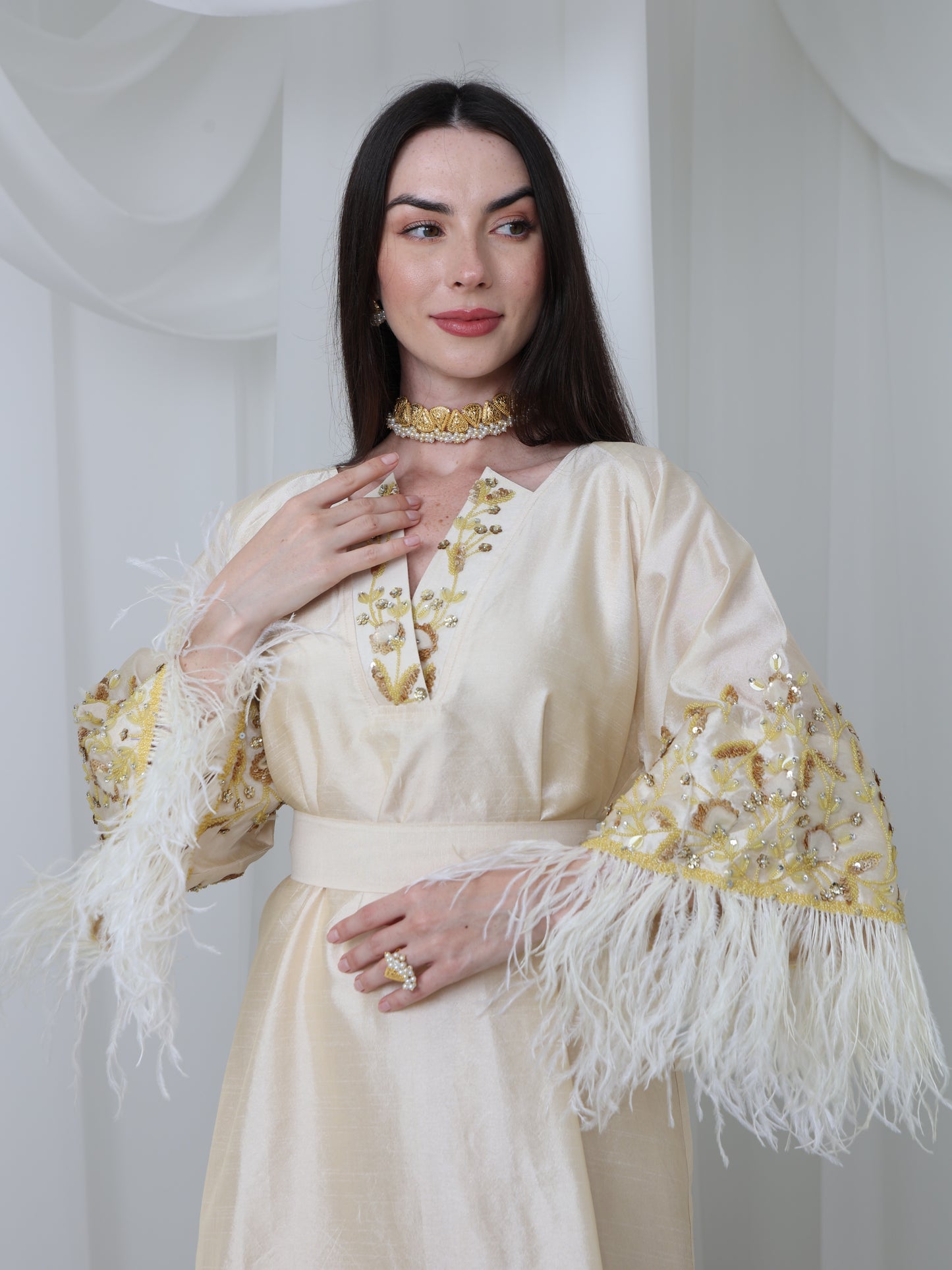 Cream Satin Dress with Embellished Feather Sleeves