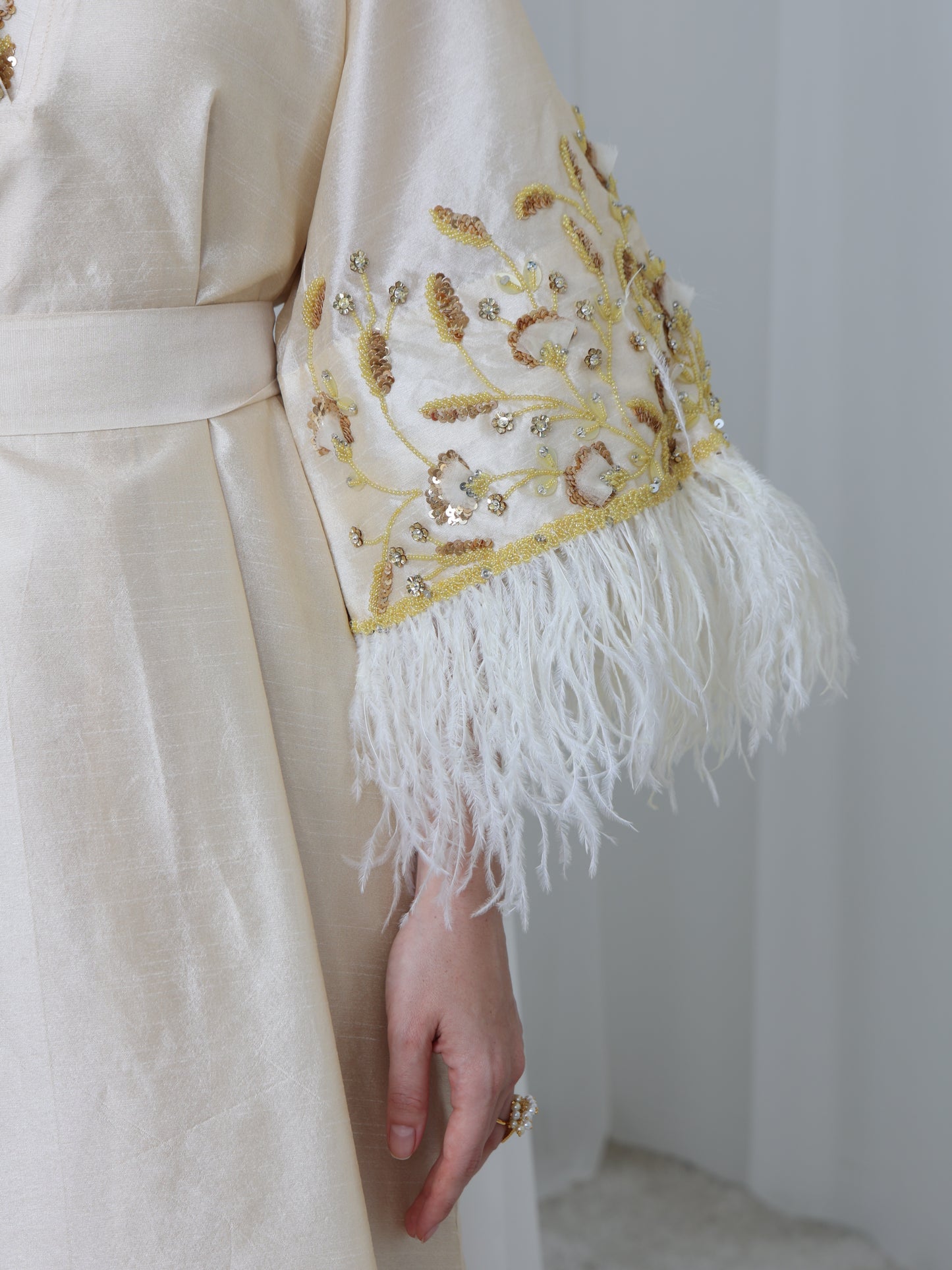 Cream Satin Dress with Embellished Feather Sleeves