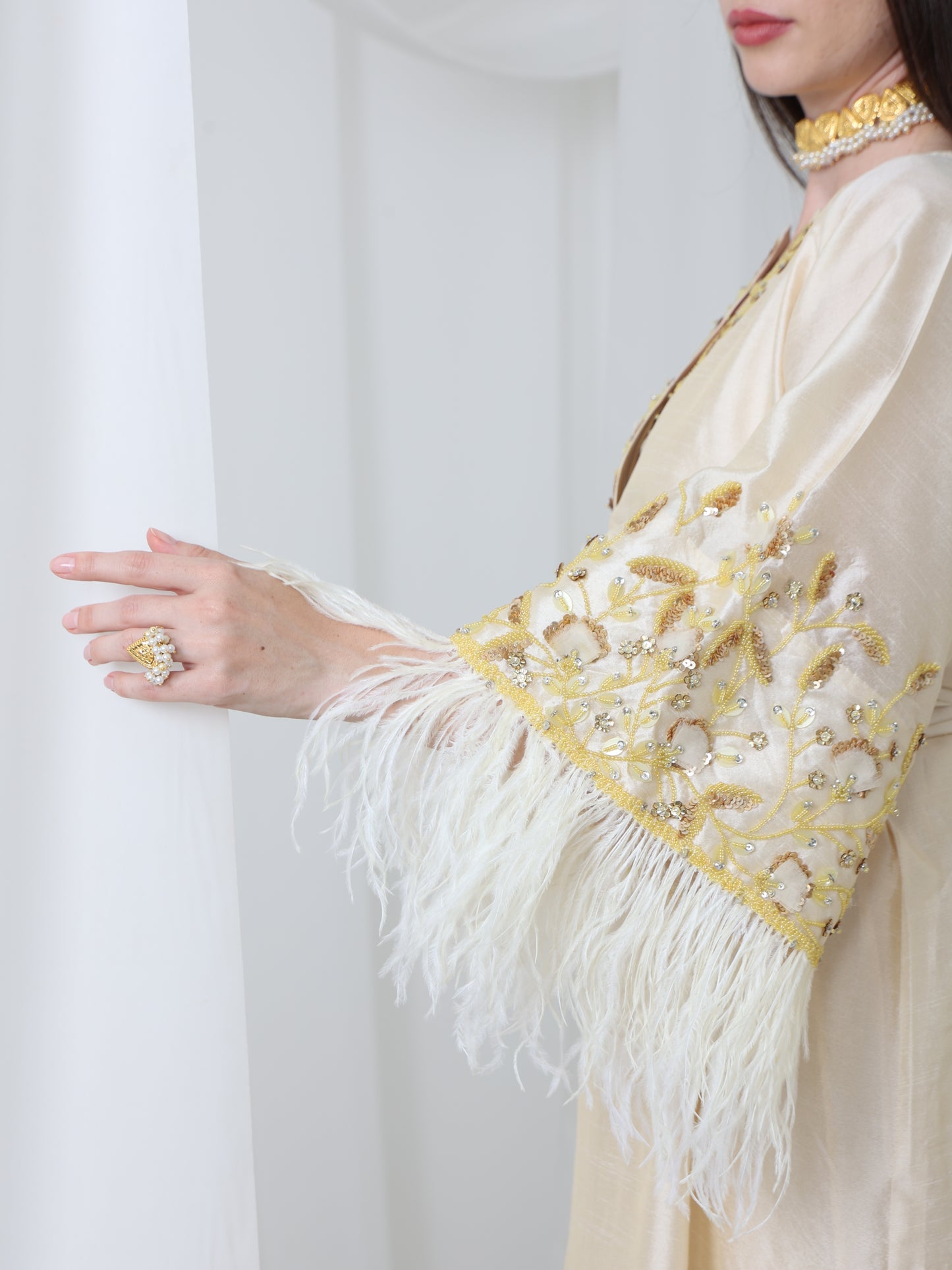 Cream Satin Dress with Embellished Feather Sleeves