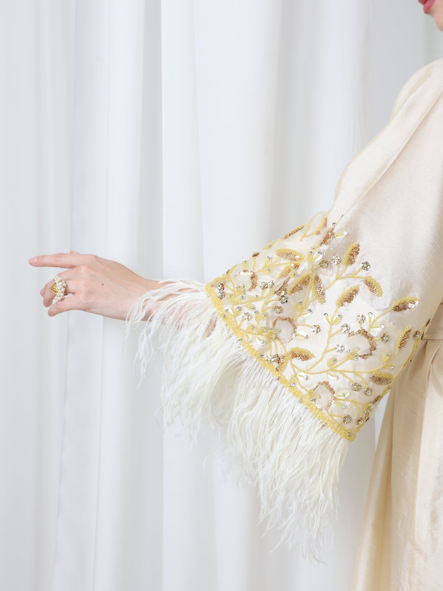 Cream Satin Dress with Embellished Feather Sleeves