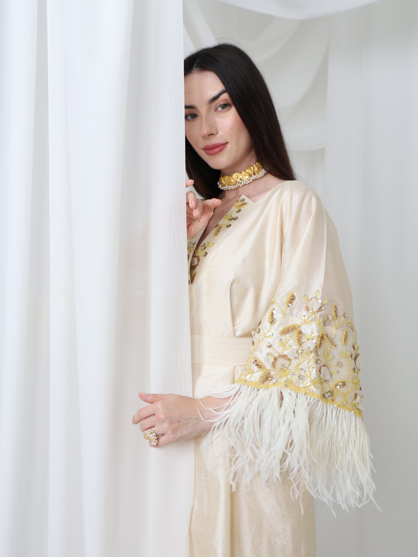 Cream Satin Dress with Embellished Feather Sleeves