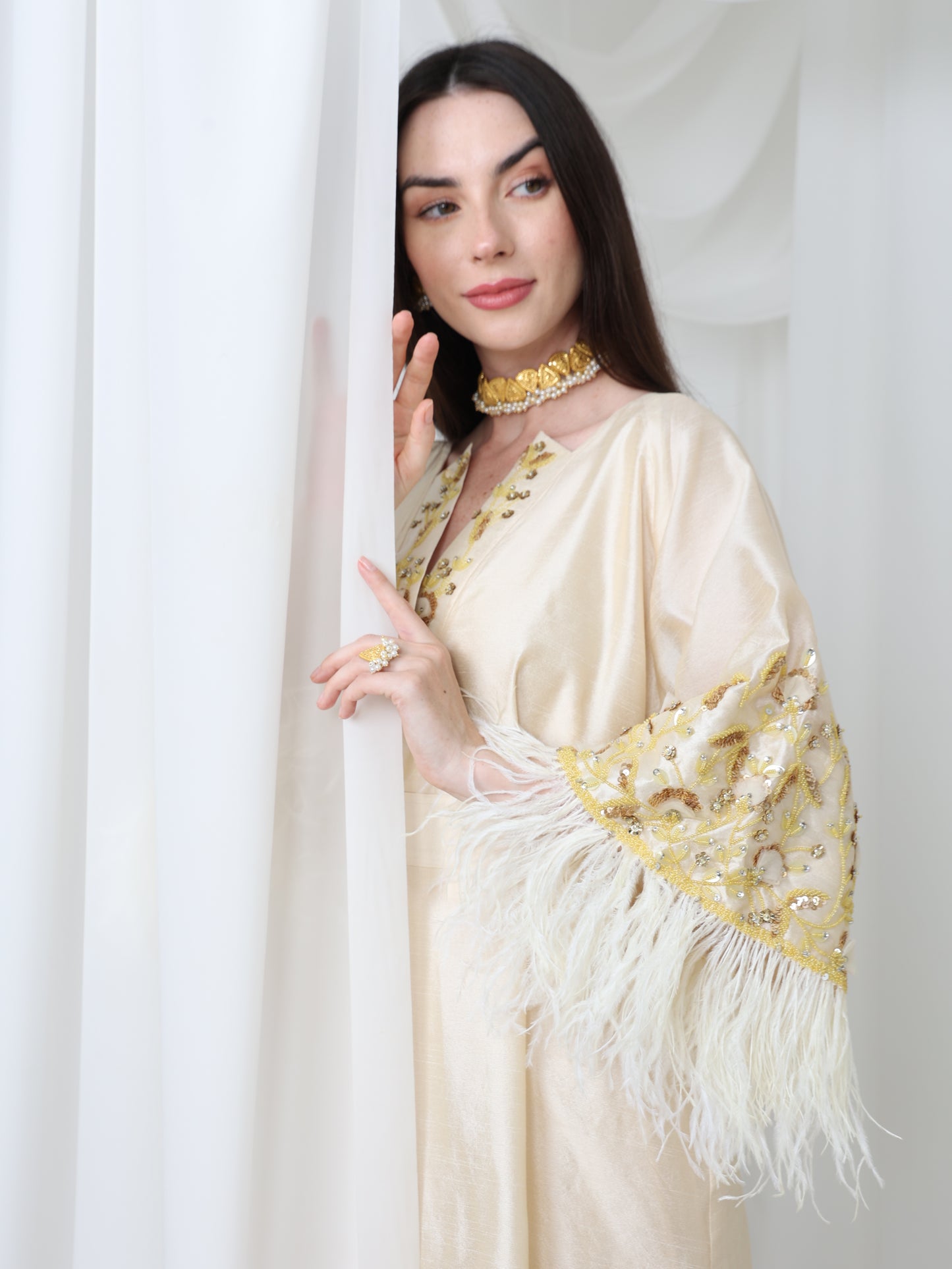 Cream Satin Dress with Embellished Feather Sleeves