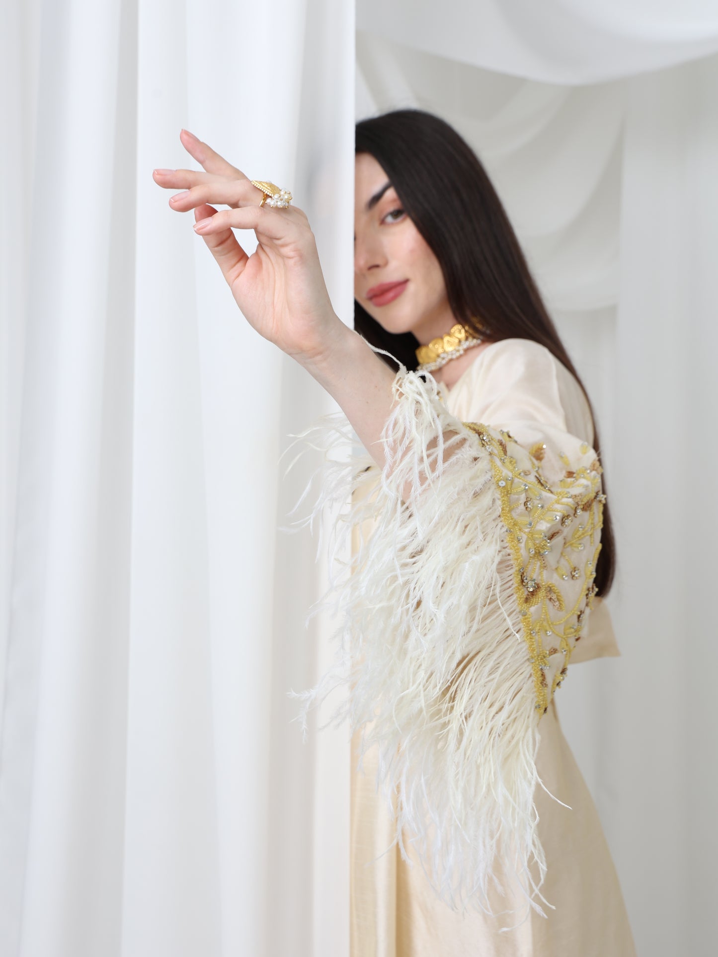 Cream Satin Dress with Embellished Feather Sleeves