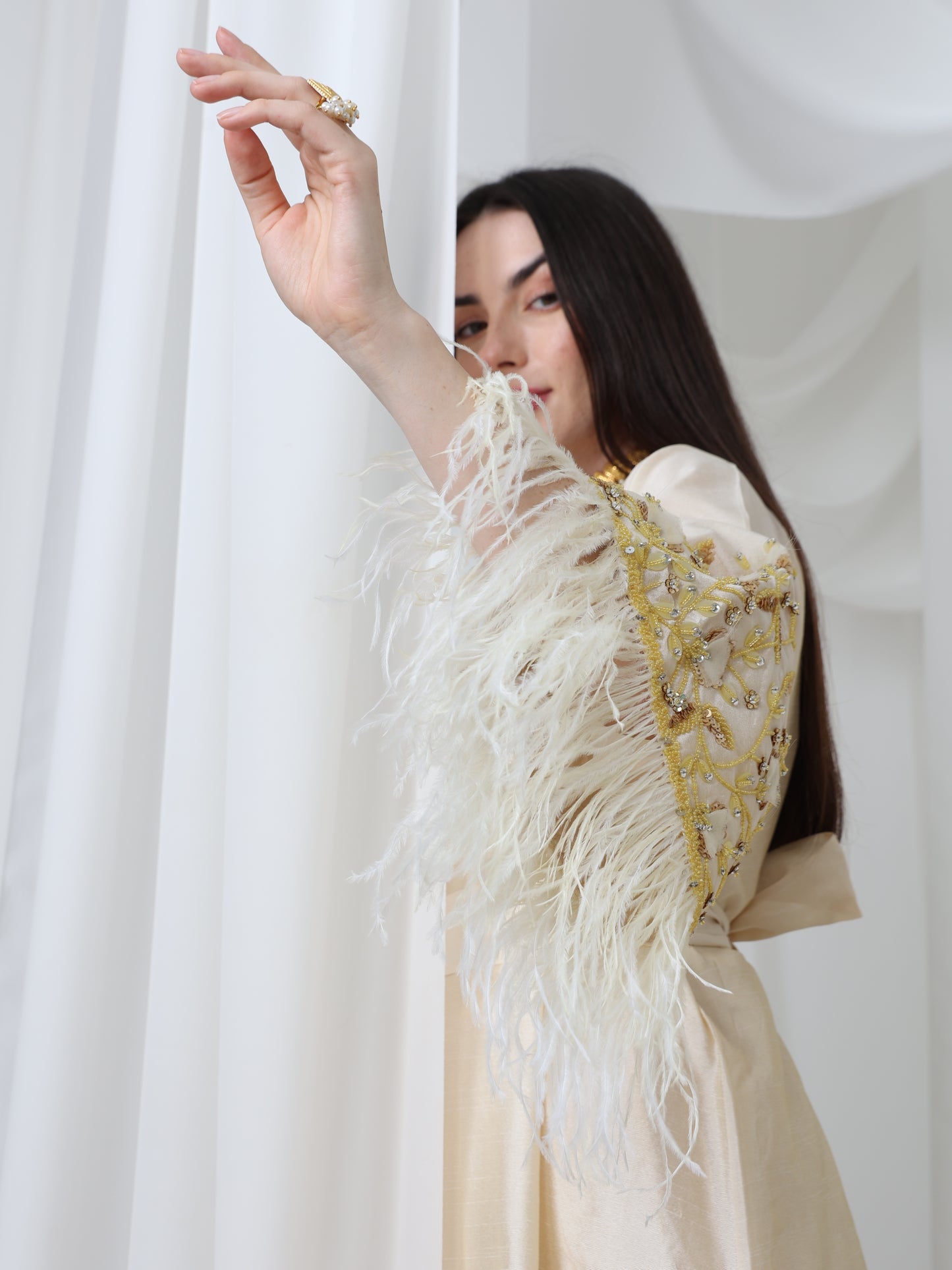 Cream Satin Dress with Embellished Feather Sleeves