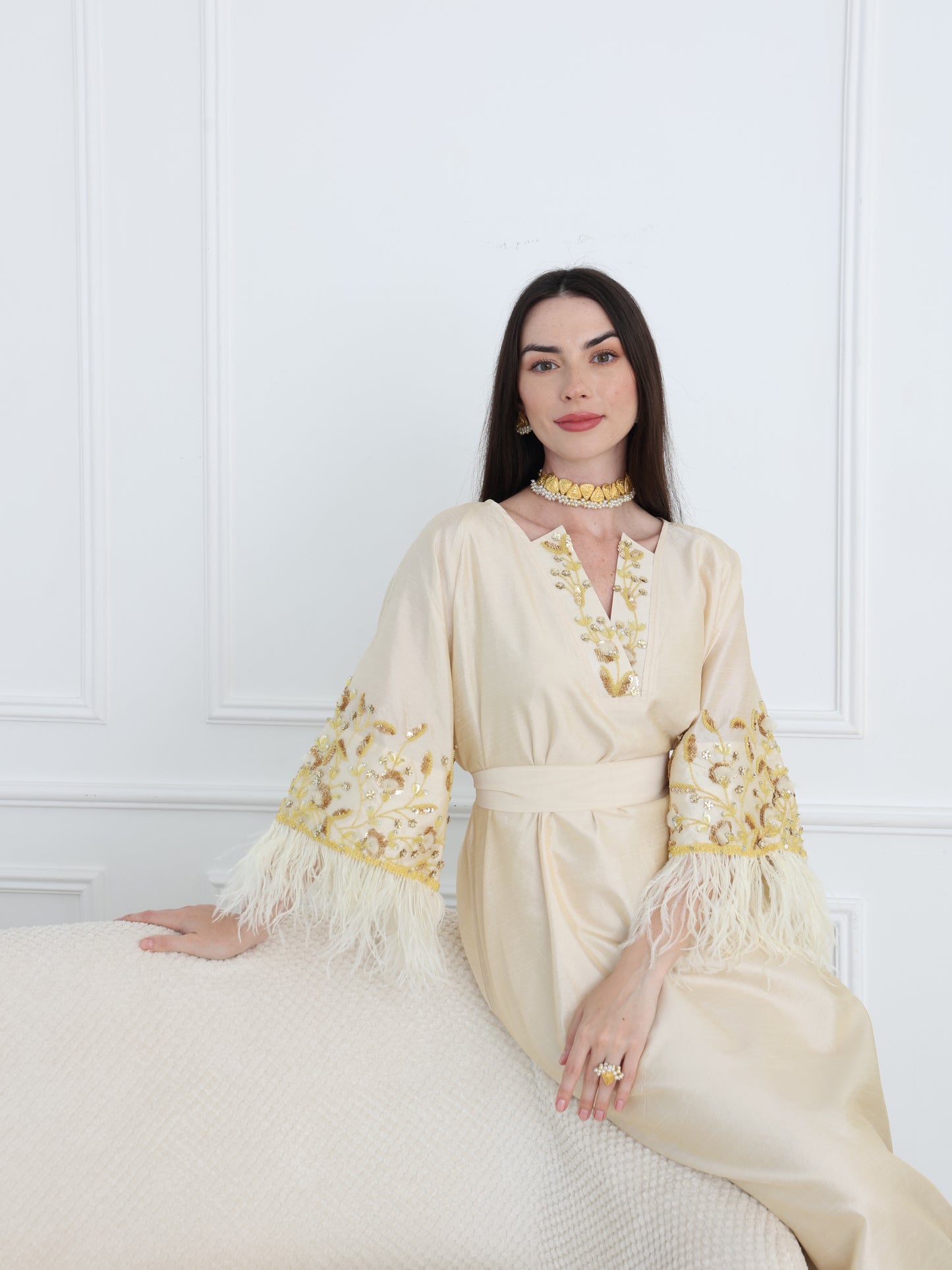 Cream Satin Dress with Embellished Feather Sleeves