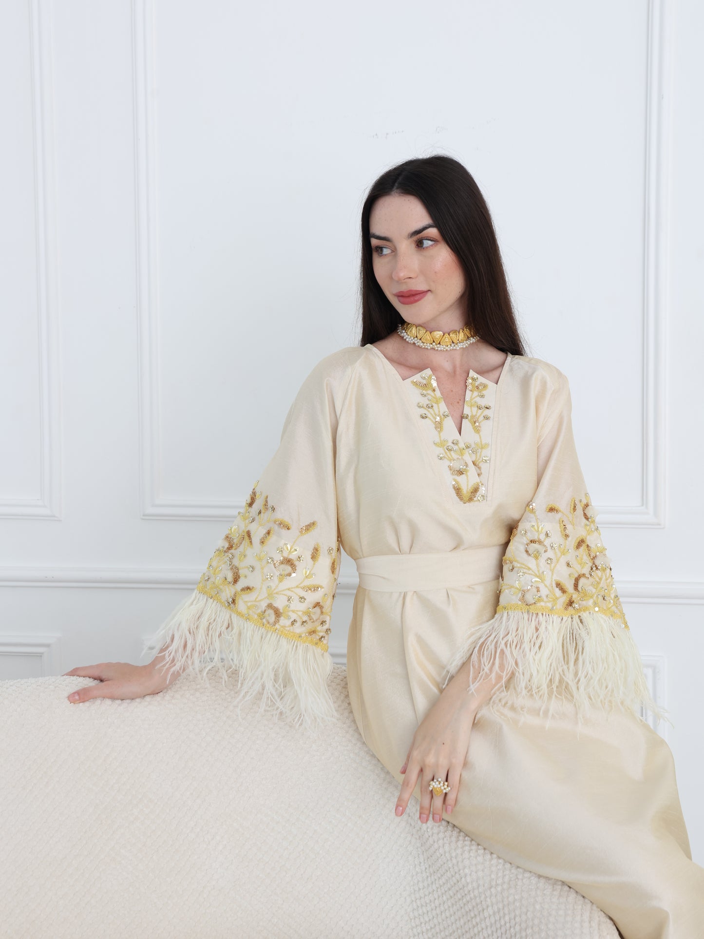 Cream Satin Dress with Embellished Feather Sleeves