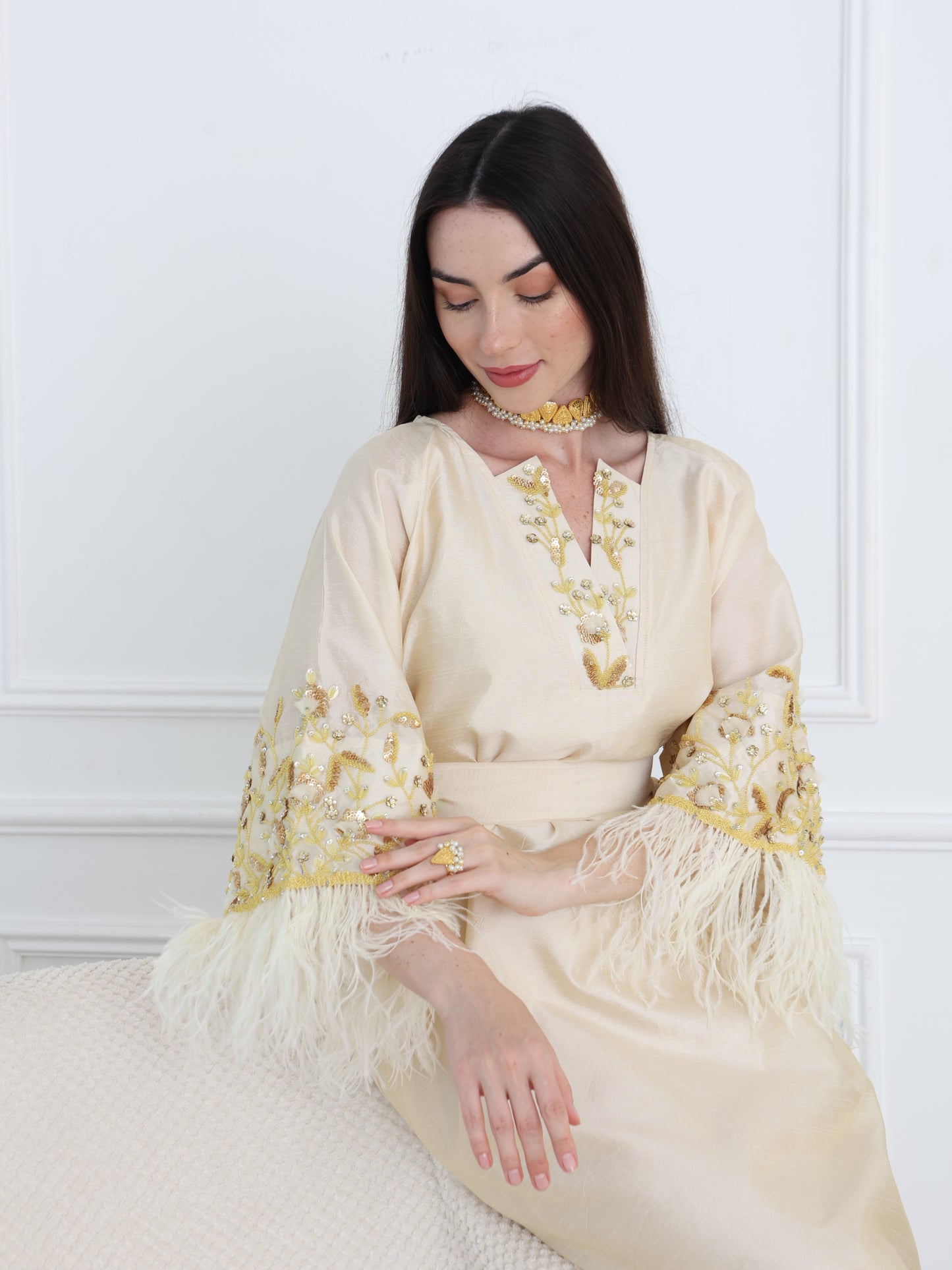 Cream Satin Dress with Embellished Feather Sleeves