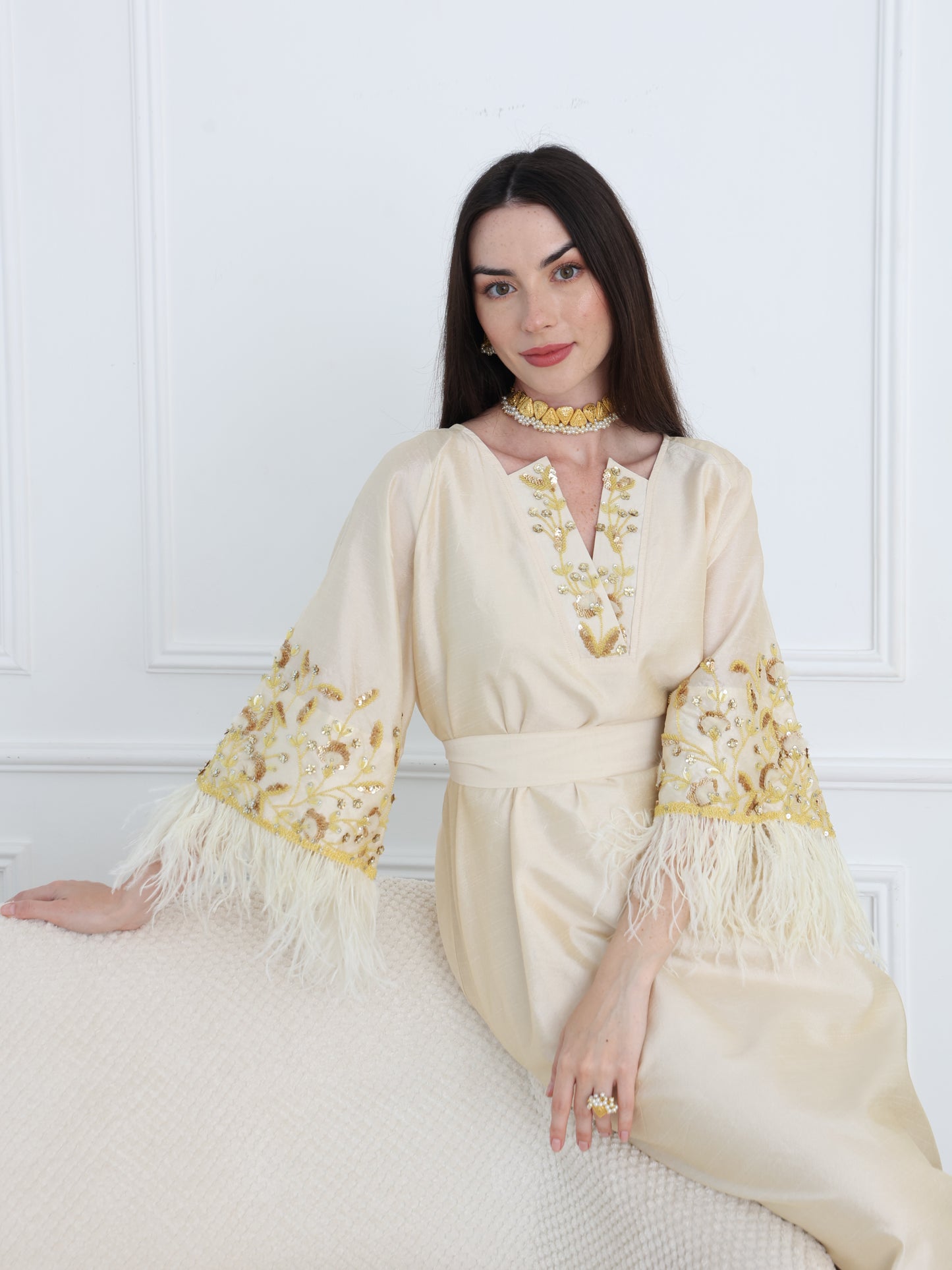 Cream Satin Dress with Embellished Feather Sleeves