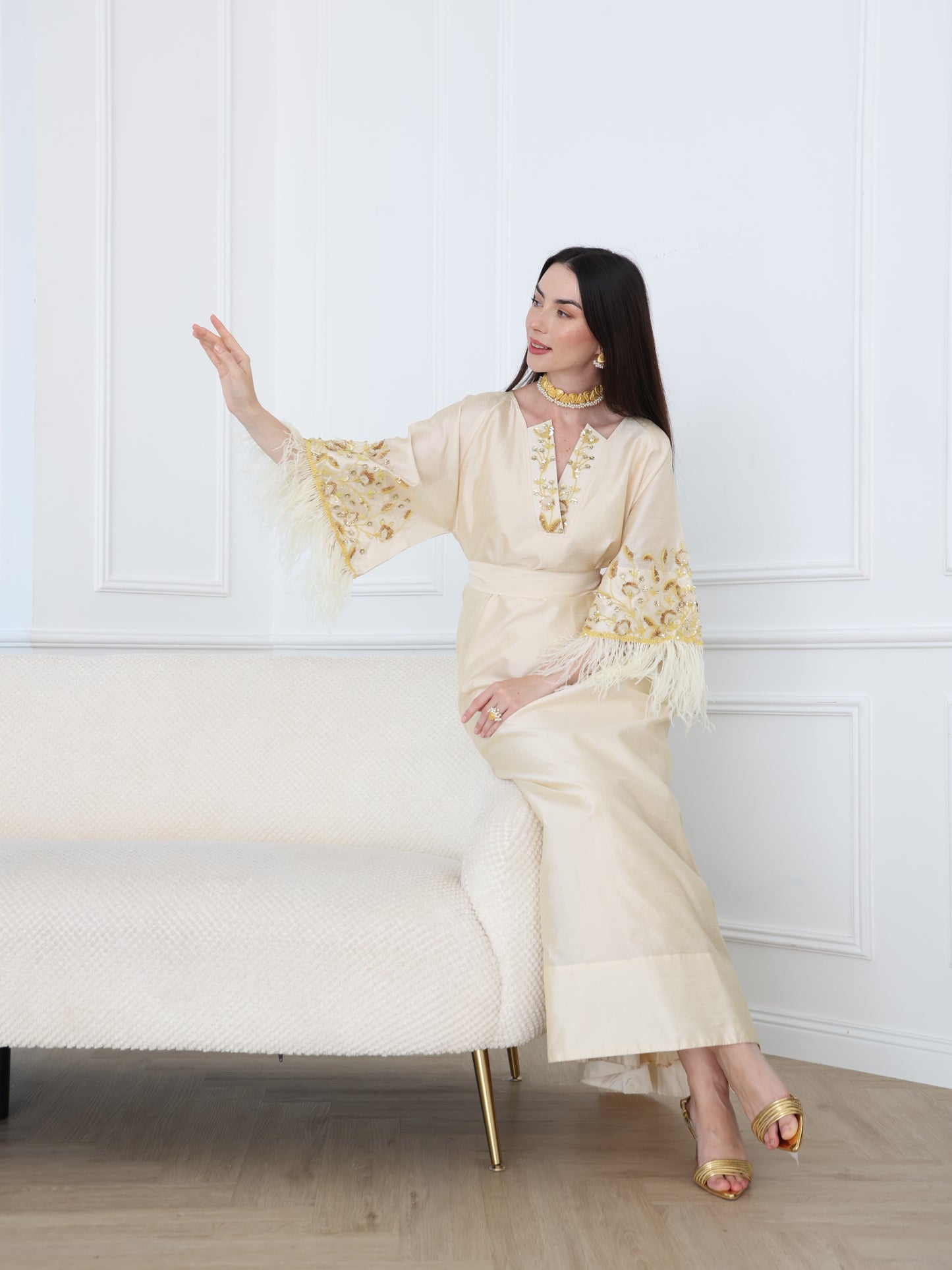 Cream Satin Dress with Embellished Feather Sleeves