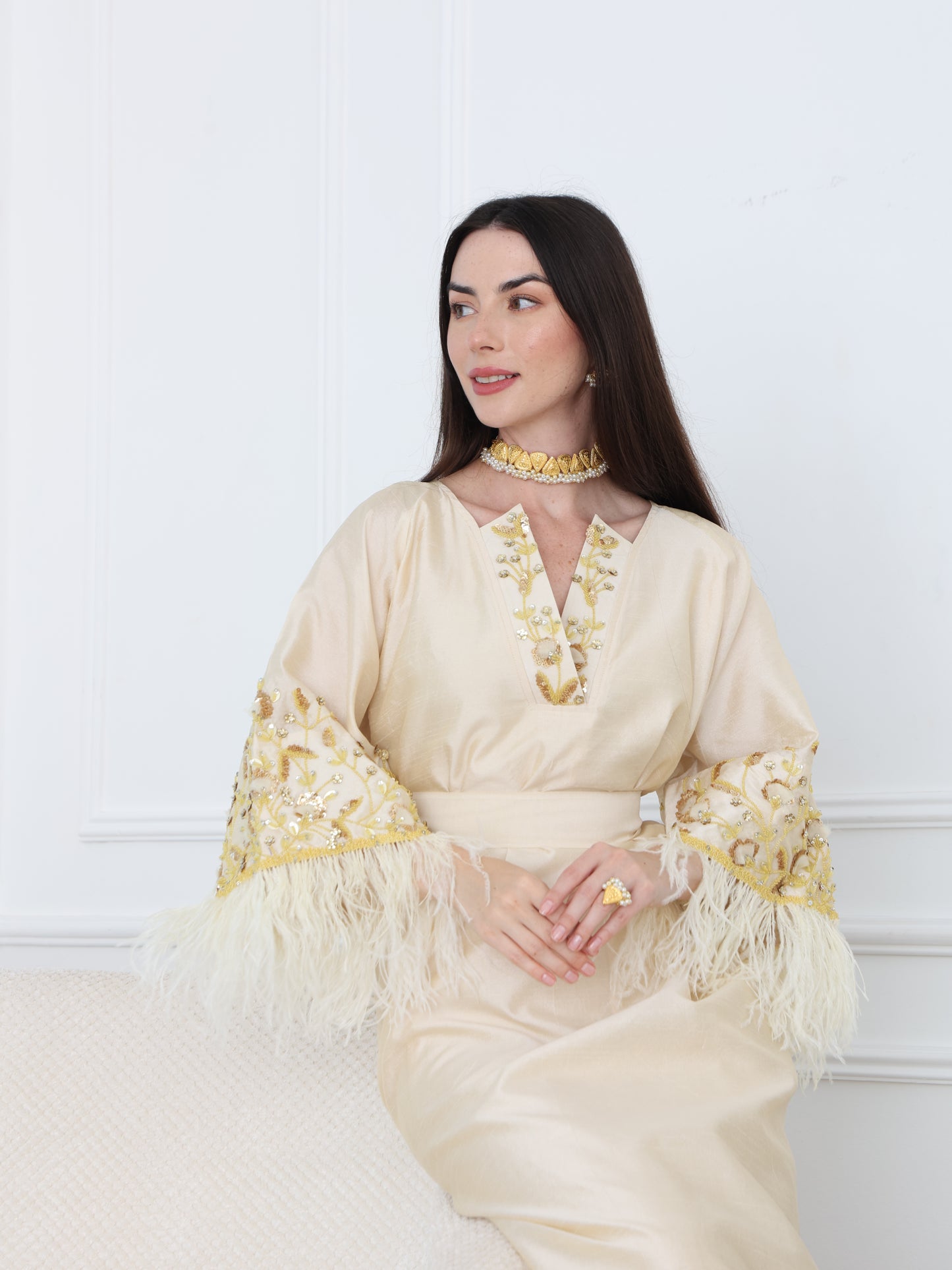 Cream Satin Dress with Embellished Feather Sleeves