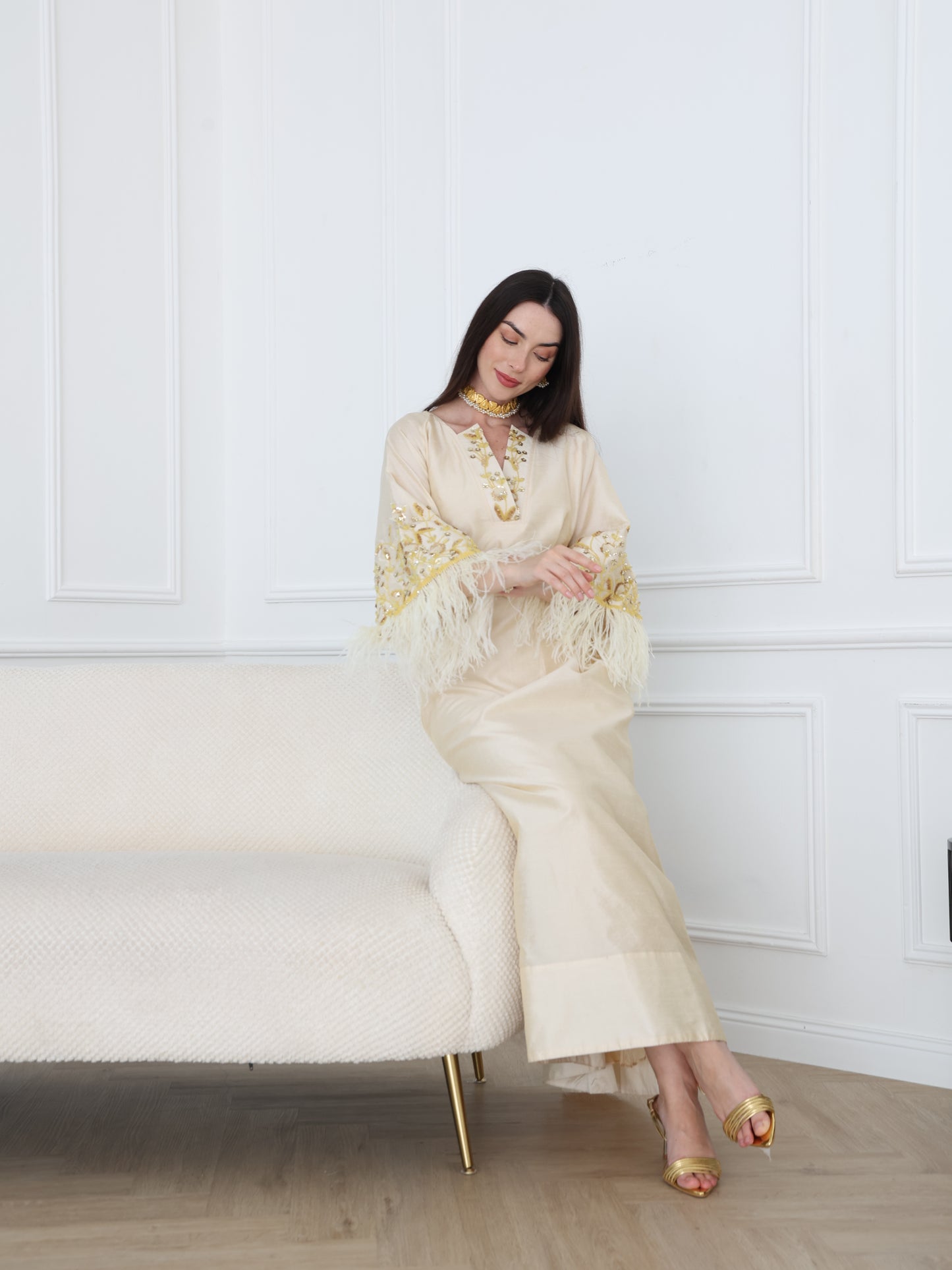Cream Satin Dress with Embellished Feather Sleeves