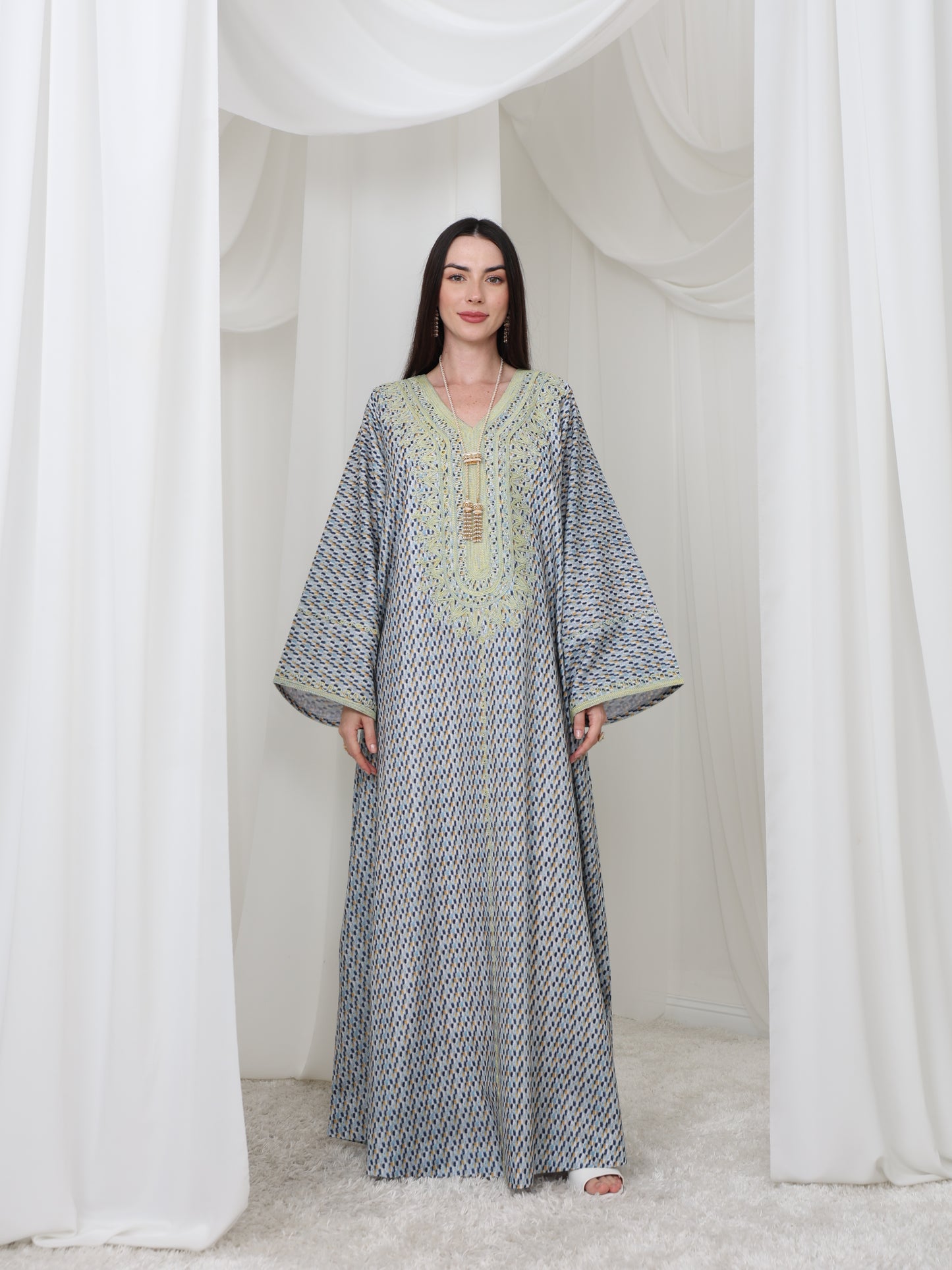 Embroidered Blue and Yellow Patterned Kaftan