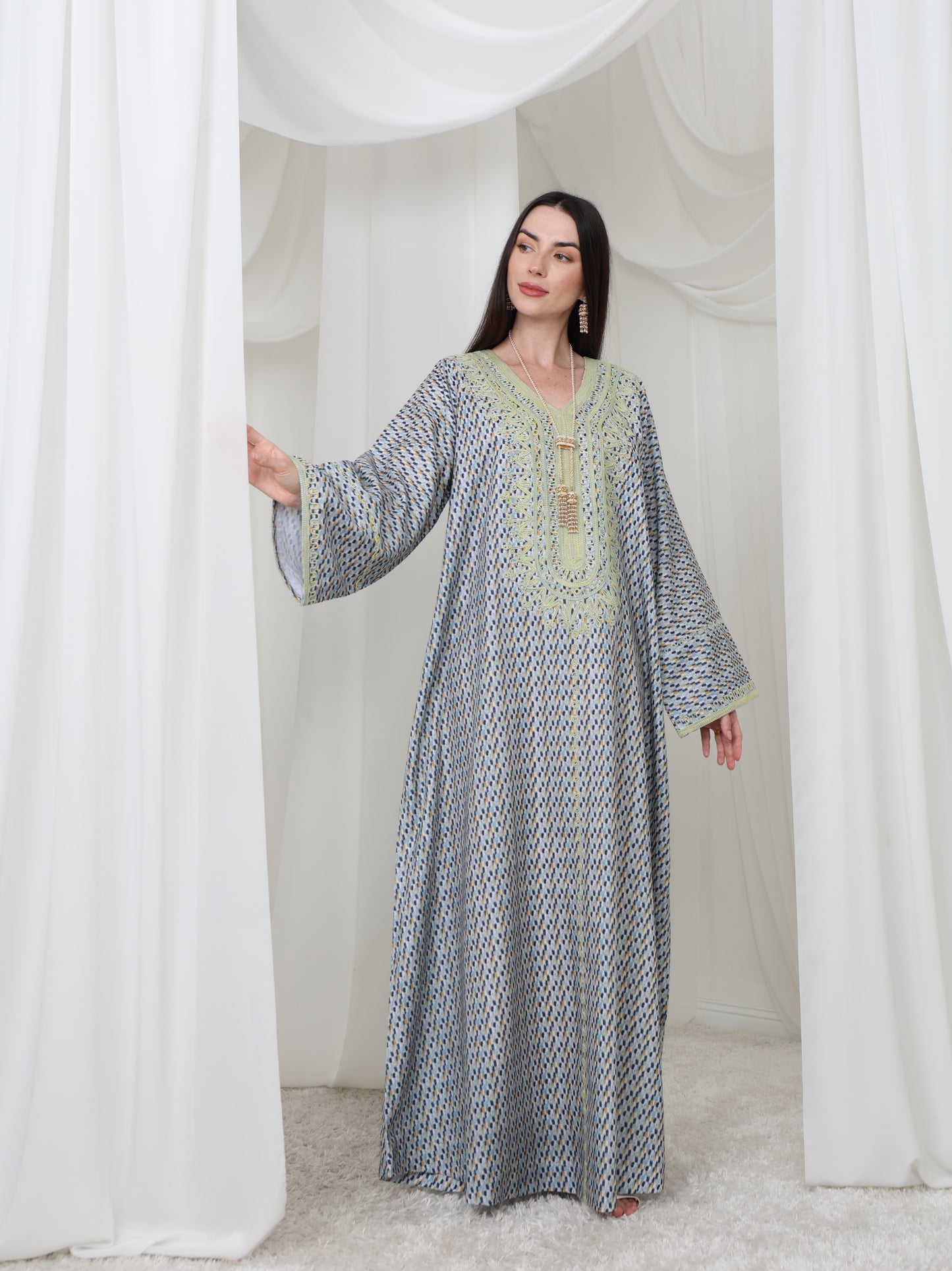 Embroidered Blue and Yellow Patterned Kaftan