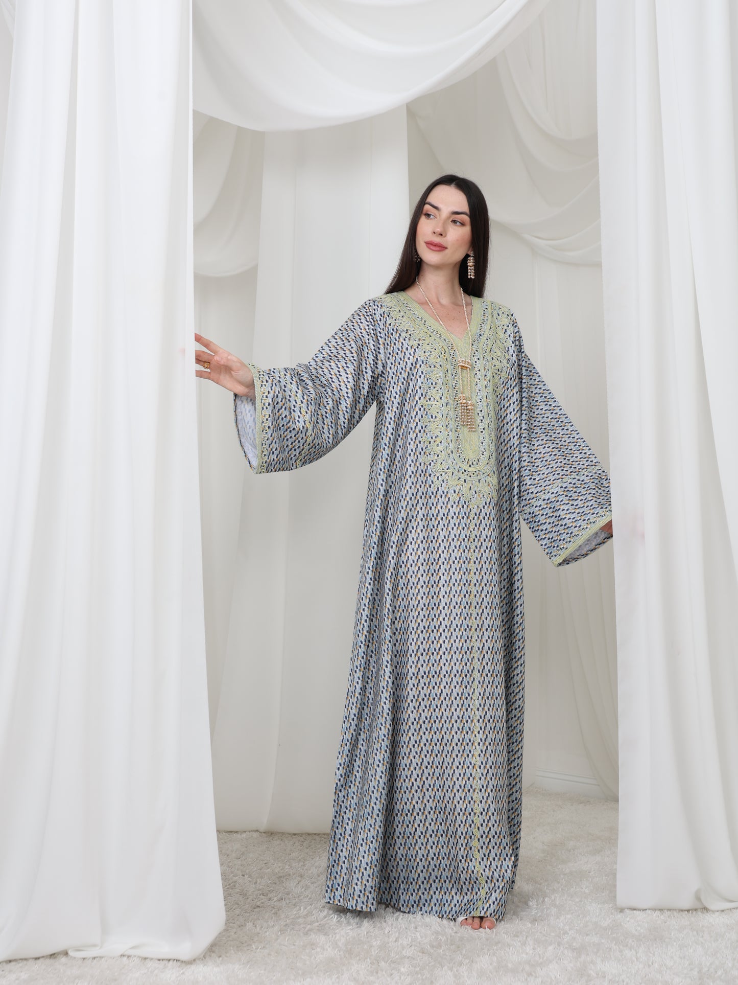 Embroidered Blue and Yellow Patterned Kaftan