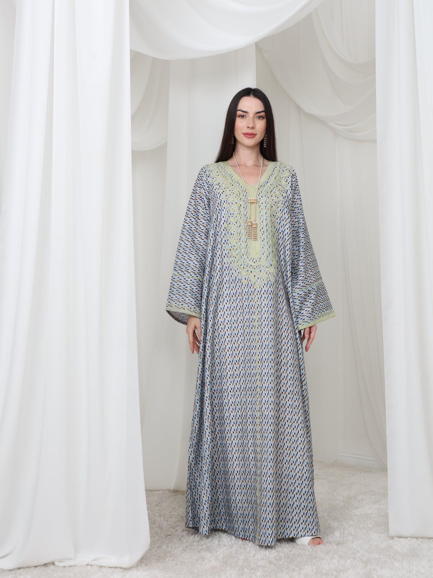 Embroidered Blue and Yellow Patterned Kaftan