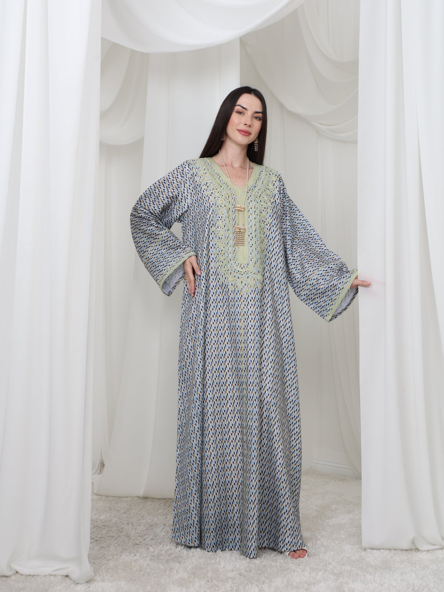 Embroidered Blue and Yellow Patterned Kaftan