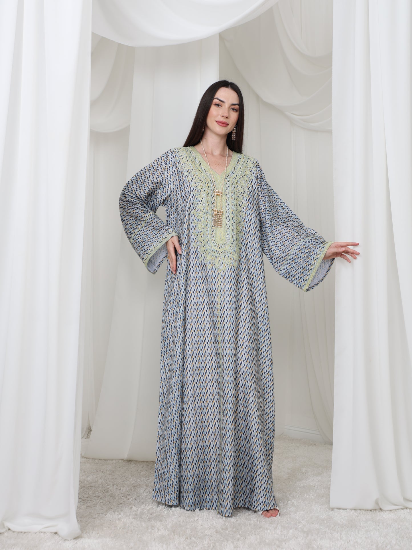 Embroidered Blue and Yellow Patterned Kaftan