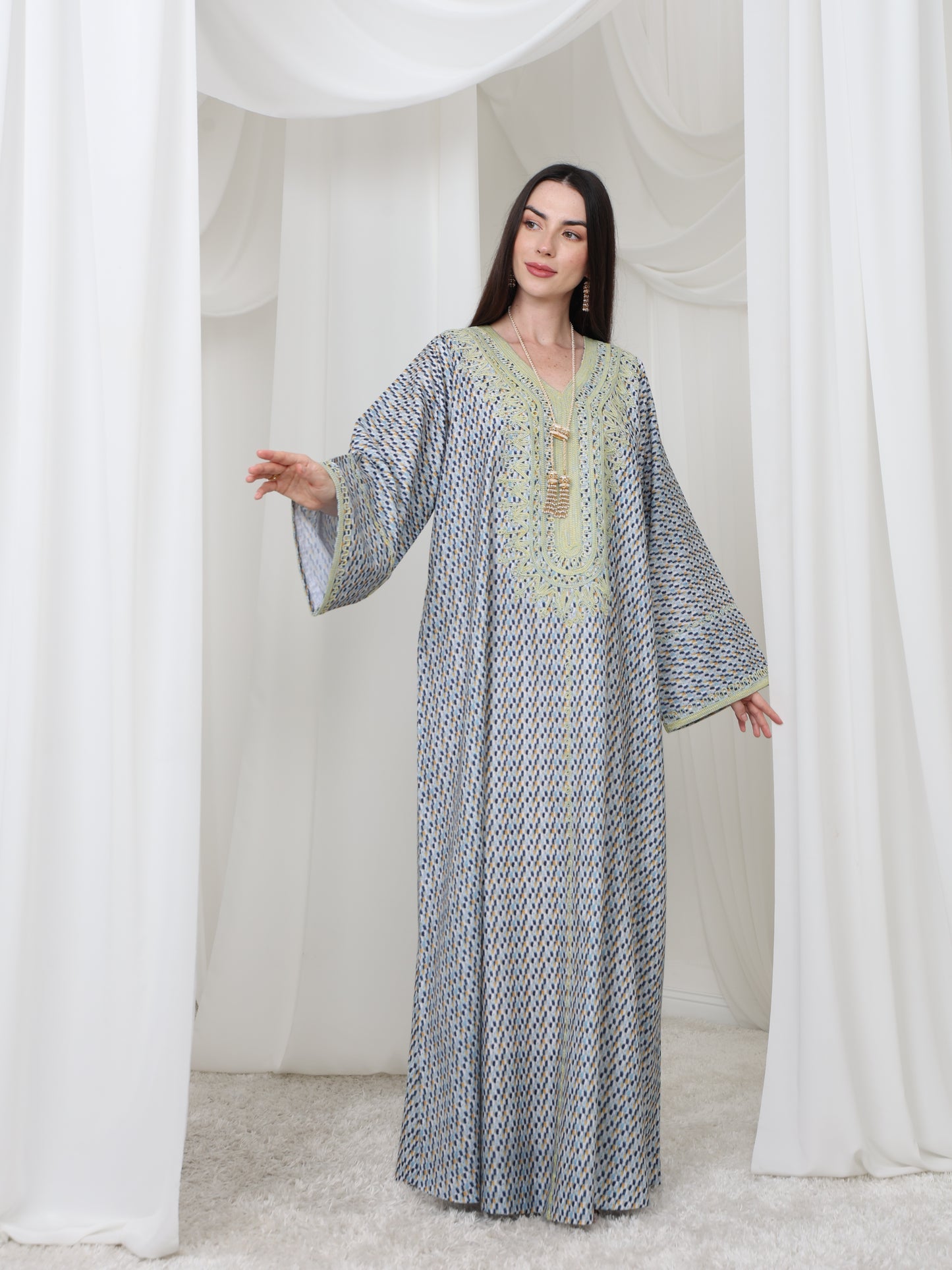 Embroidered Blue and Yellow Patterned Kaftan
