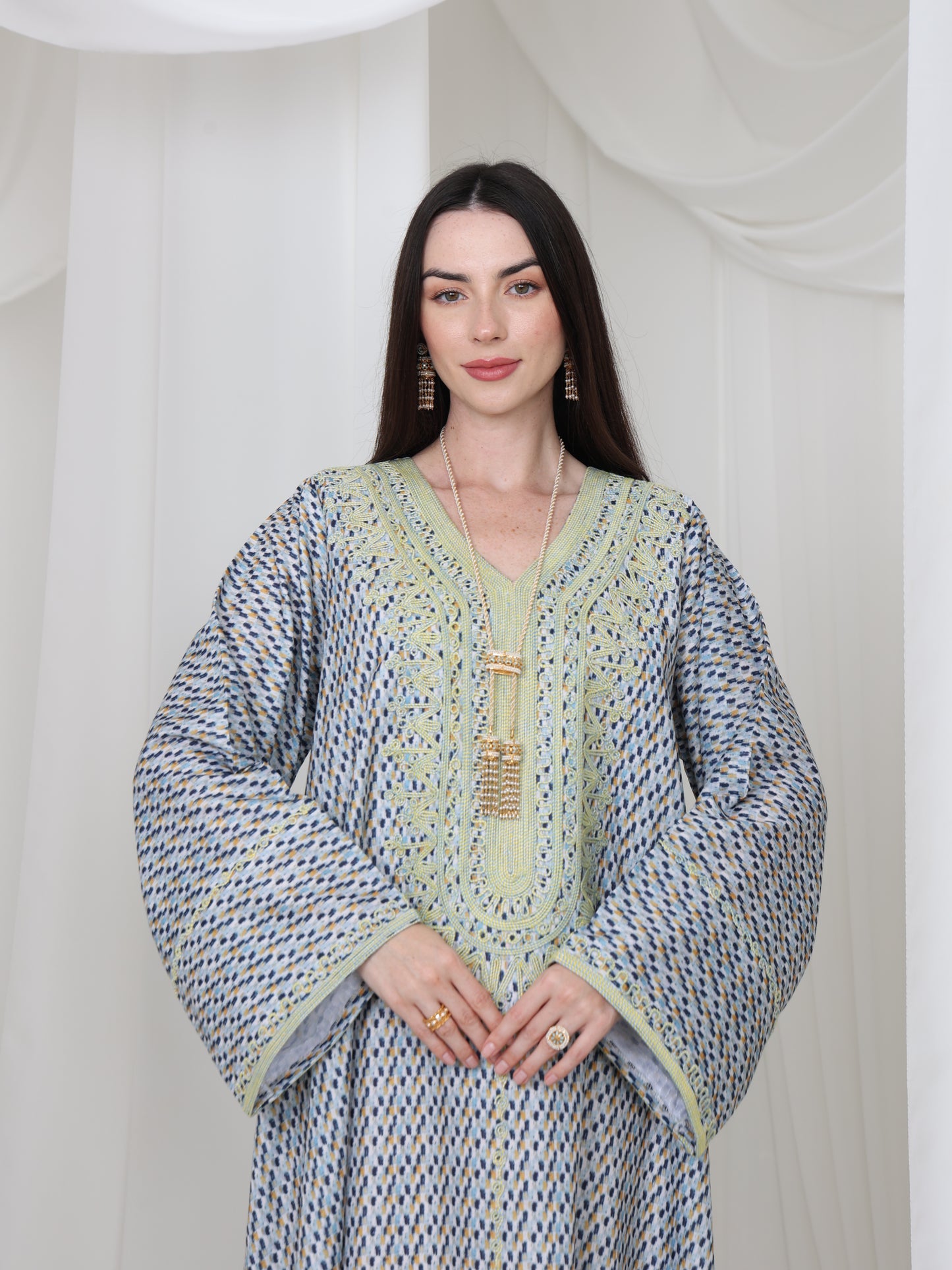 Embroidered Blue and Yellow Patterned Kaftan