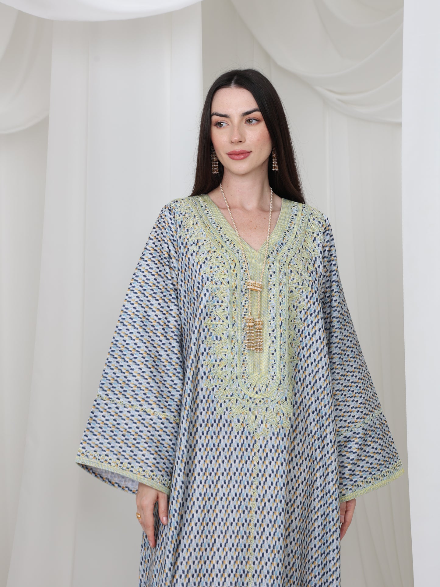 Embroidered Blue and Yellow Patterned Kaftan
