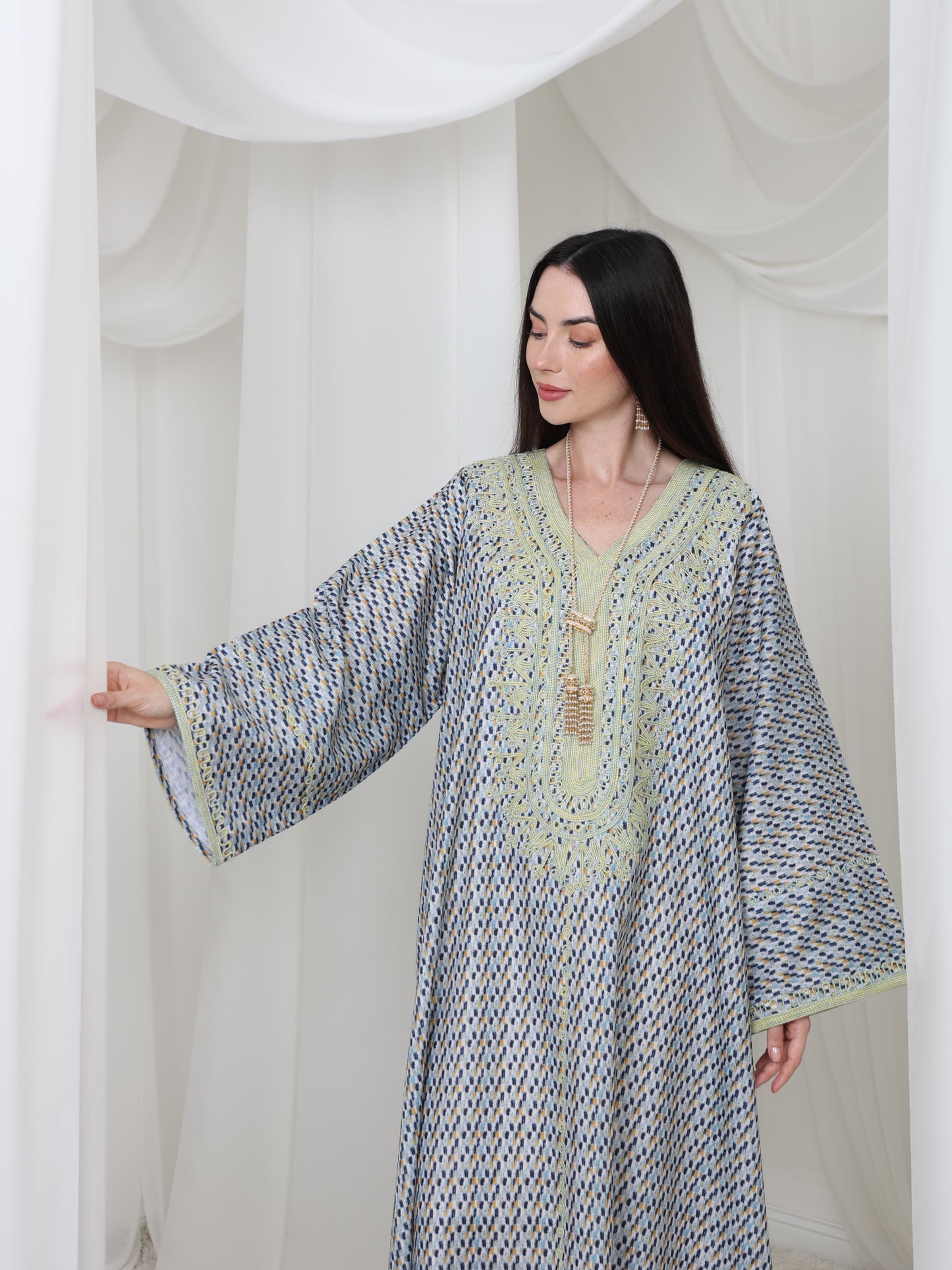 Embroidered Blue and Yellow Patterned Kaftan