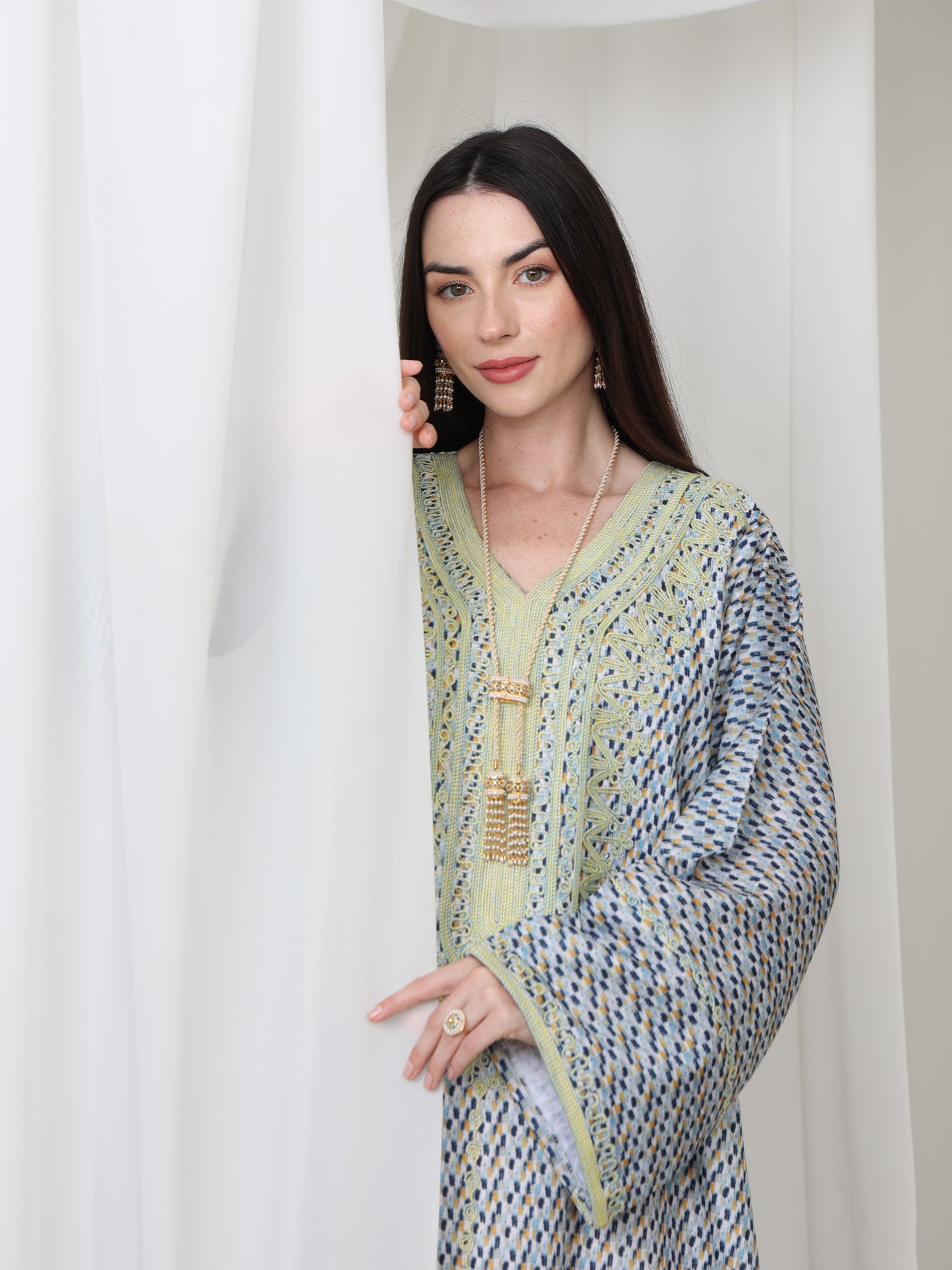 Embroidered Blue and Yellow Patterned Kaftan