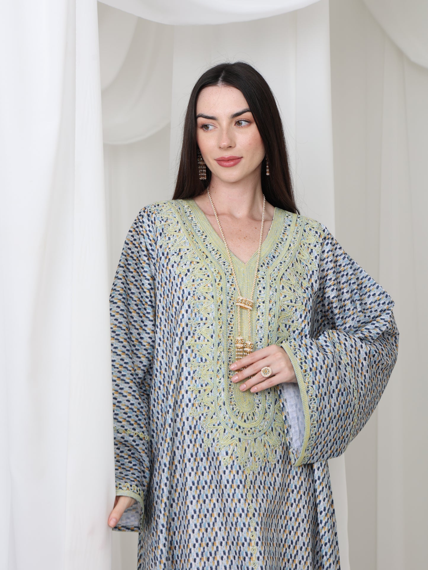 Embroidered Blue and Yellow Patterned Kaftan