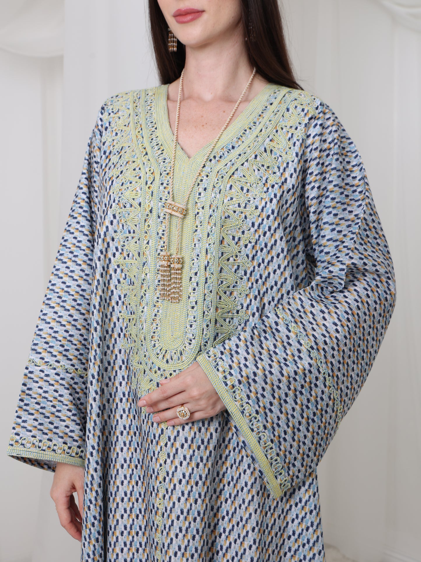 Embroidered Blue and Yellow Patterned Kaftan