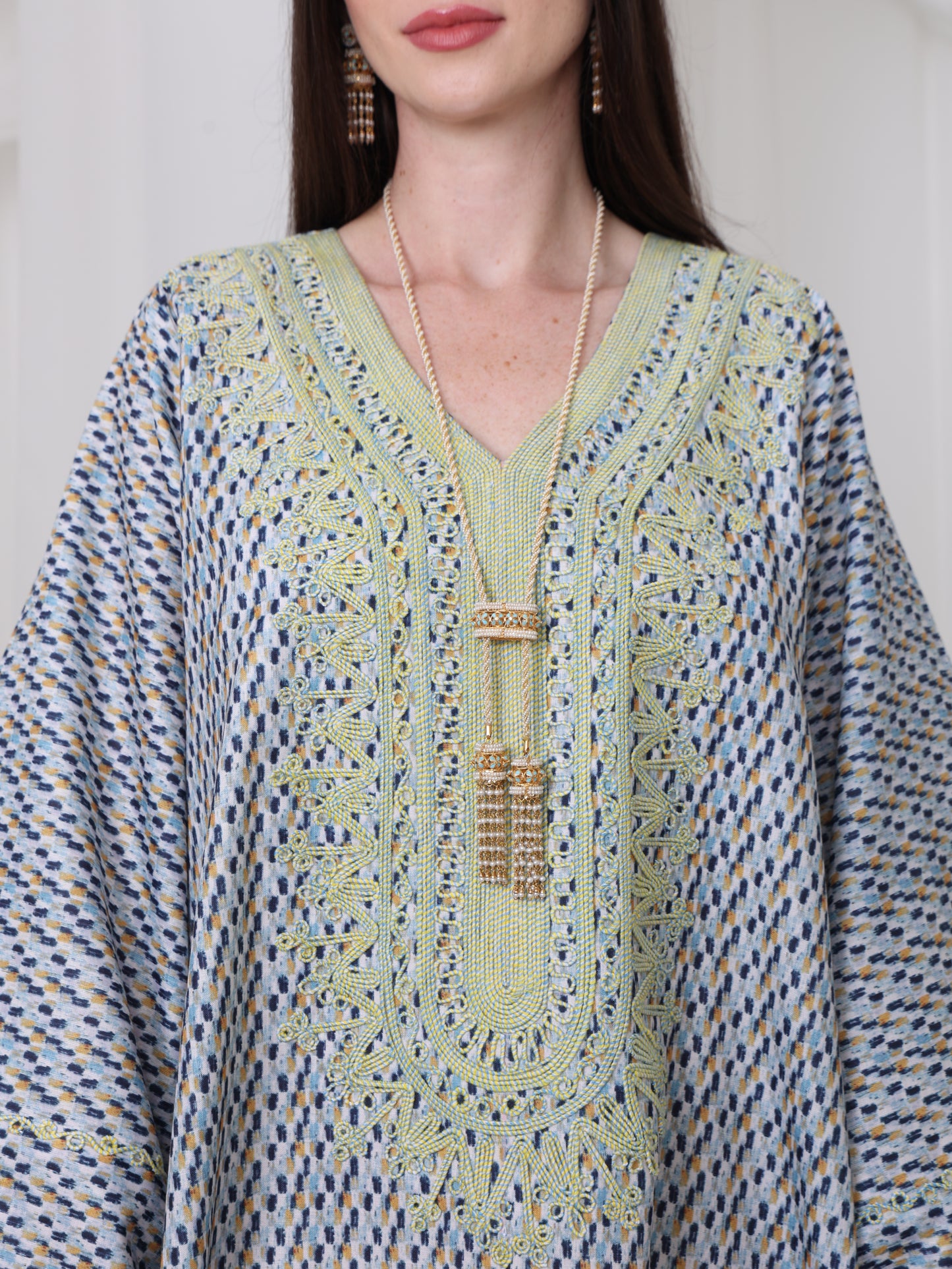Embroidered Blue and Yellow Patterned Kaftan