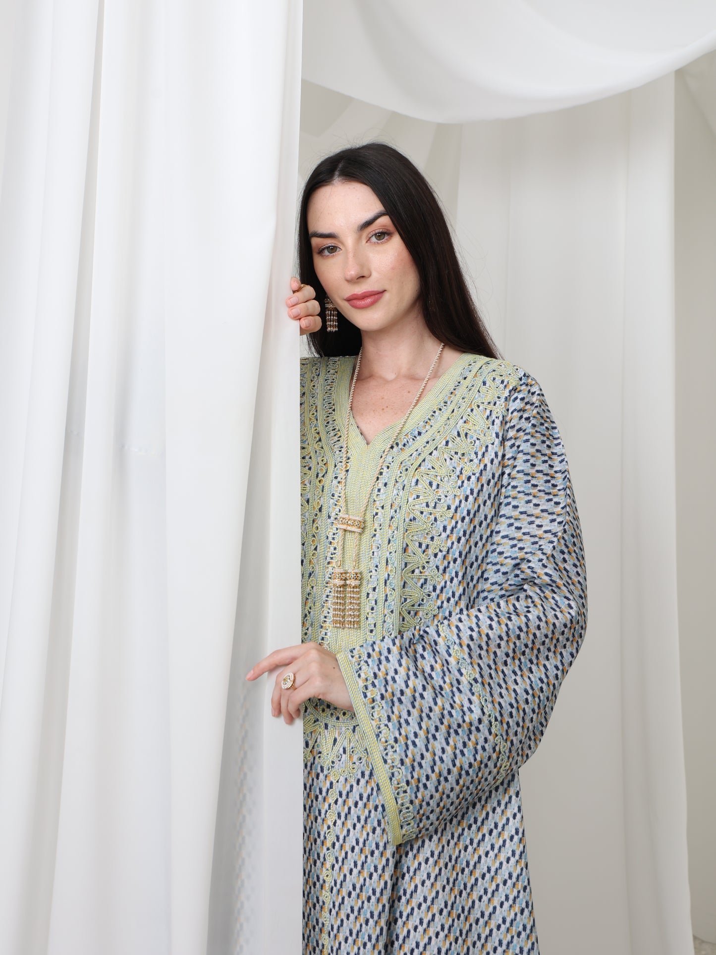 Embroidered Blue and Yellow Patterned Kaftan
