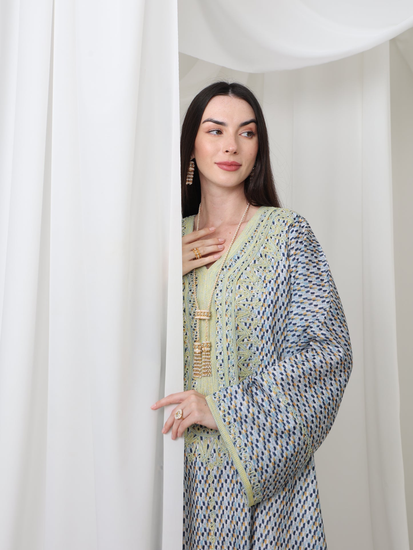 Embroidered Blue and Yellow Patterned Kaftan